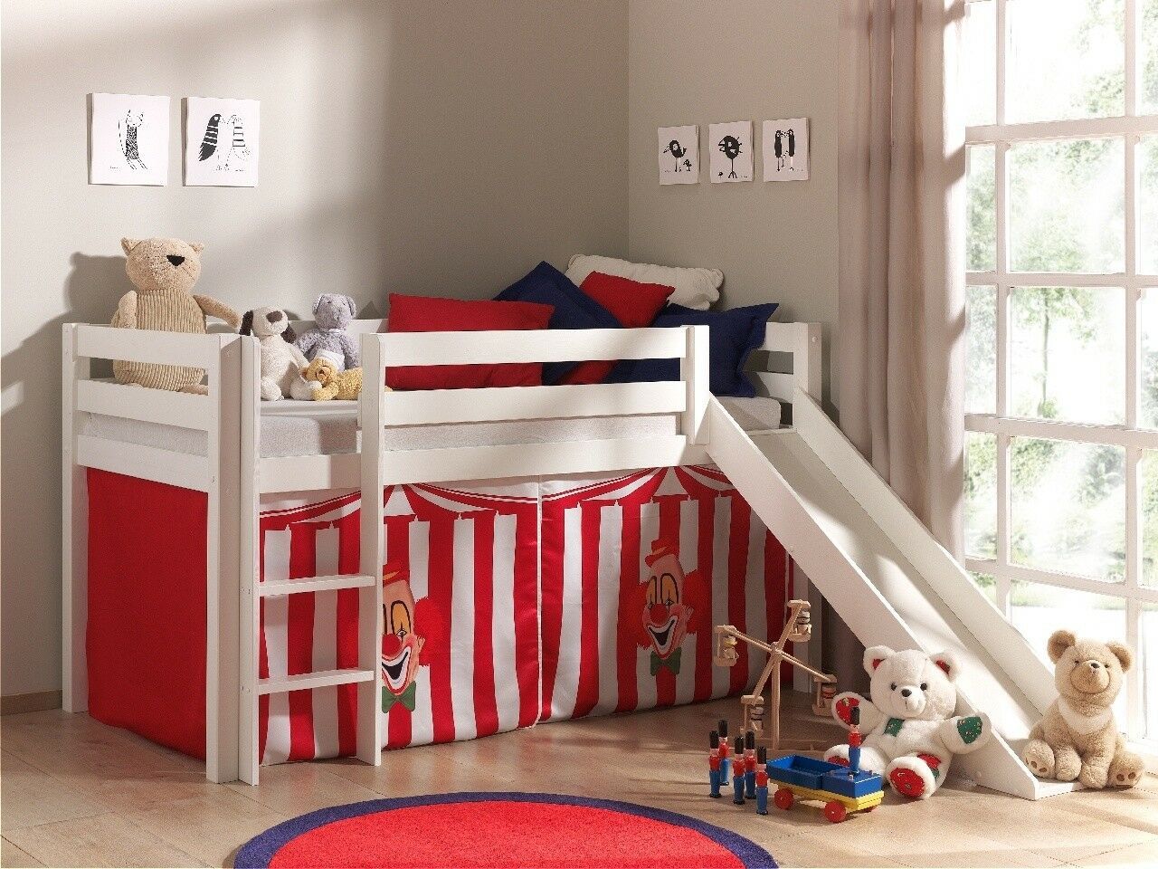 Spielbett Hochbett Kinderbett 90×200 Vorhang Zirkus Rutsche Holz Lattenrost rot