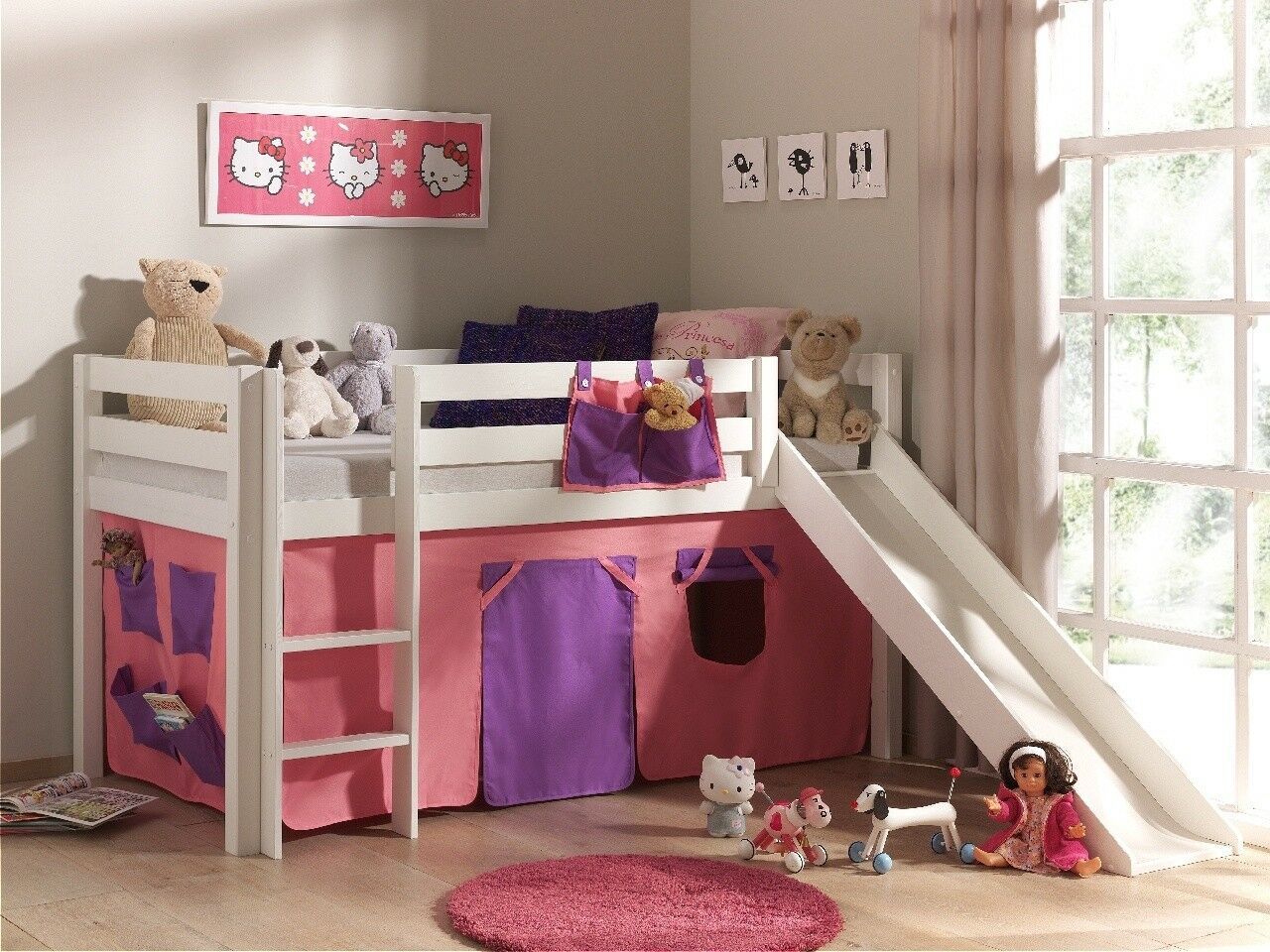 Spielbett Hochbett Kinderbett 90×200 Vorhang Prinzessin Weiß Holz Rosa Rutsche