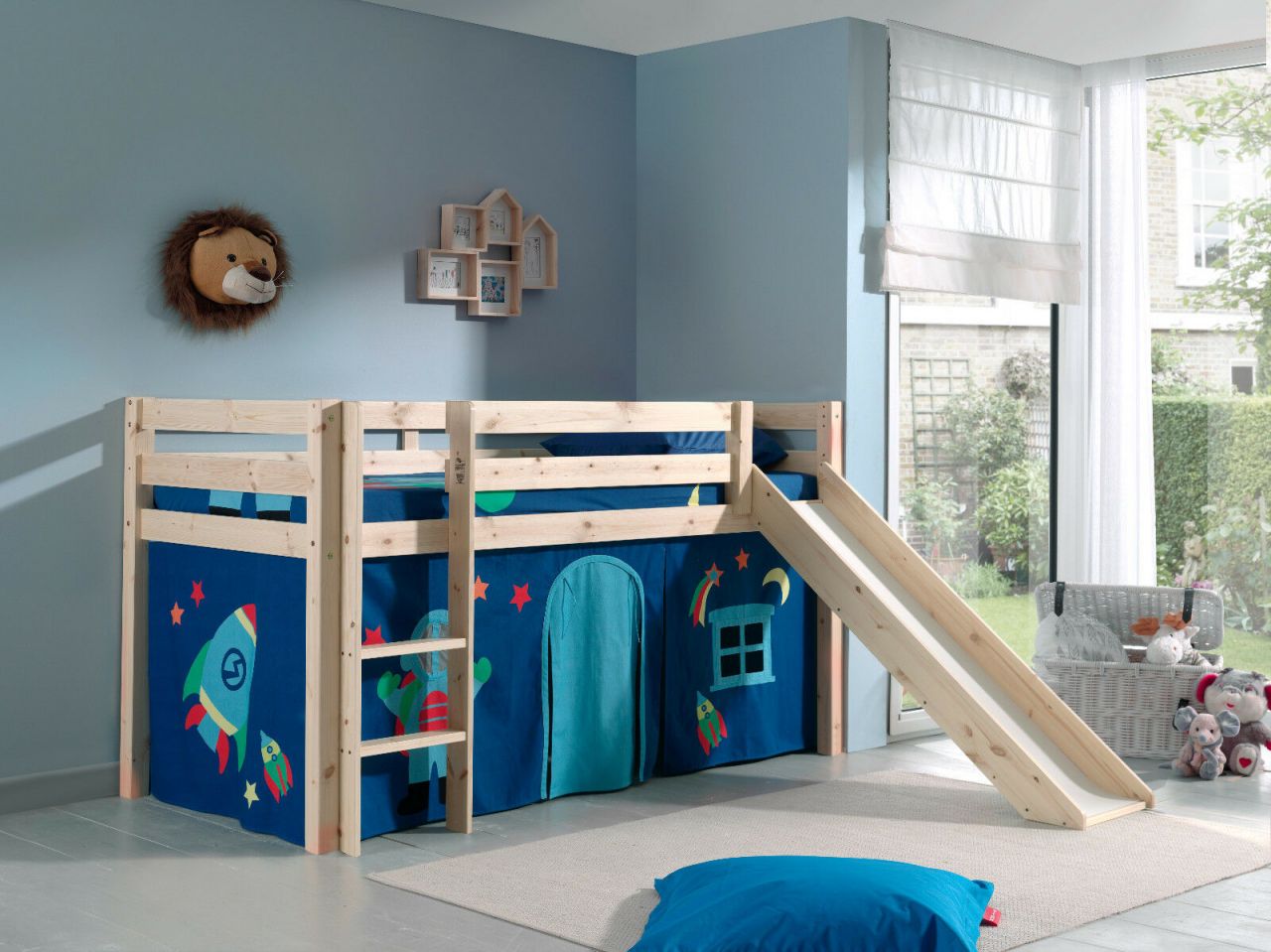 Spielbett Hochbett Kinderbett 90×200 Vorhang Astronaut Holzbett blau Rutsche