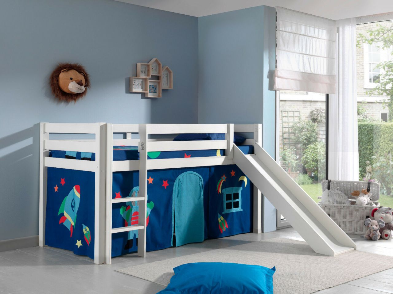 Spielbett Hochbett Kinderbett 90×200 Rutsche Vorhang Astronaut Weiß Weltall Holz