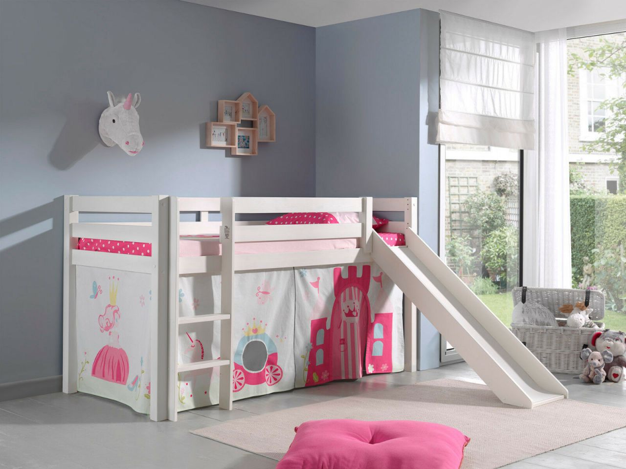 Spielbett Hochbett Kinderbett 90×200 Rutsche Vorhang Prinzessin Weiß Rosa Holz