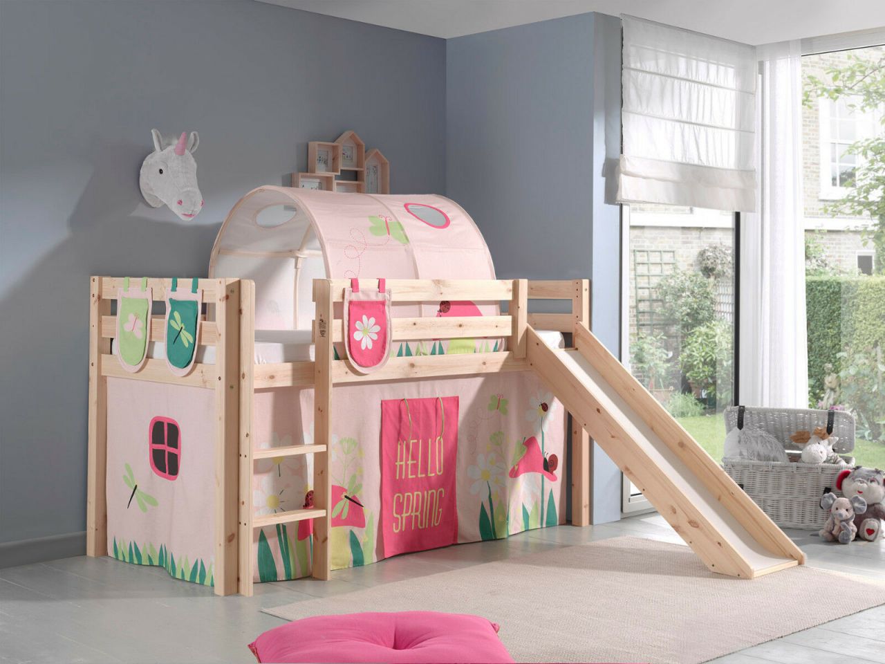 Spielbett Hochbett Kinderbett 90×200 Rutsche Vorhang Rosa Blumen Tunnel Holzbett