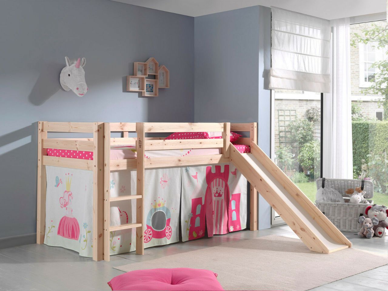 Spielbett Hochbett Kinderbett 90×200 Rutsche Vorhang Prinzessin Rosa Holzbett