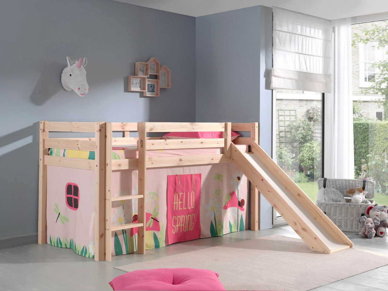 Spielbett Hochbett Kinderbett 90×200 Rutsche Vorhang Rosa Blumen Holzbett Natur