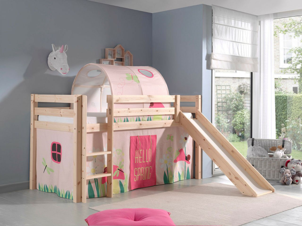 Spielbett Hochbett Kinderbett 90×200 Rutsche Vorhang Rosa Blumen Tunnel Holzbett