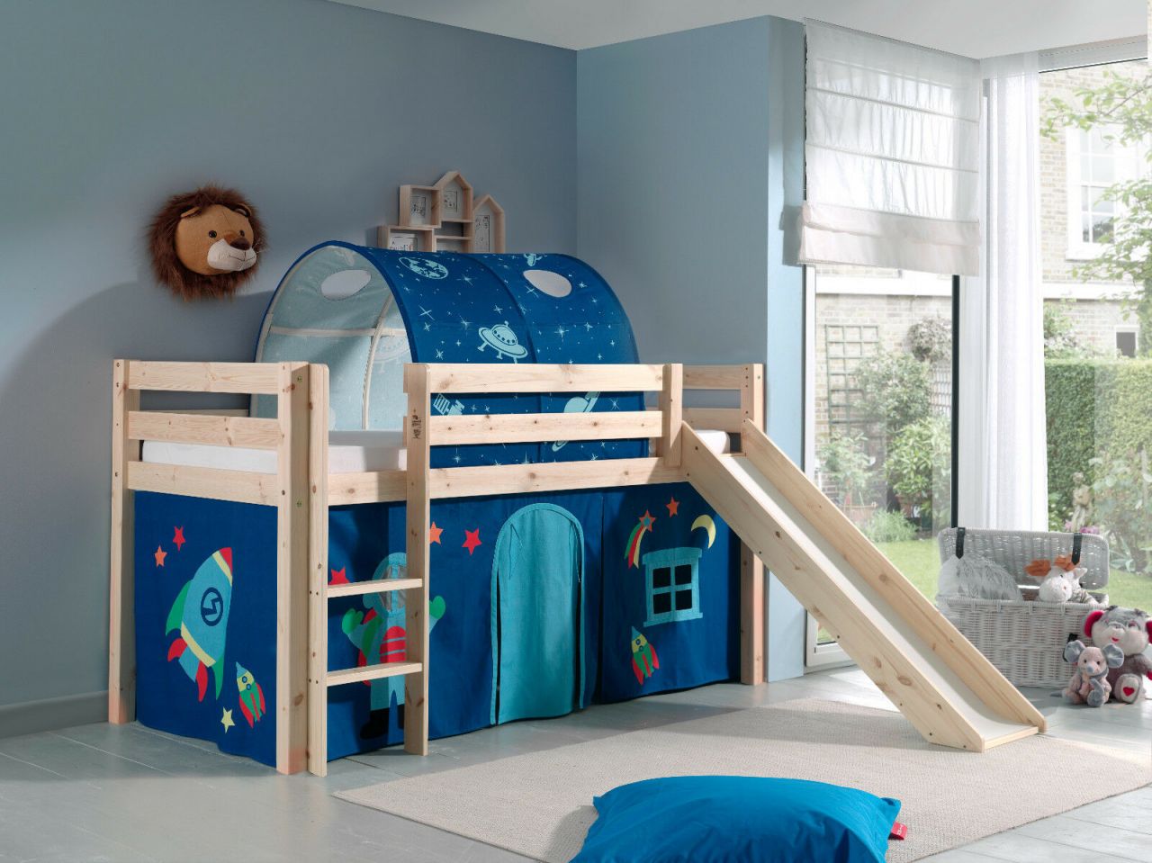 Spielbett Hochbett Kinderbett 90×200 Rutsche Vorhang Tunnel Astronaut Weltall