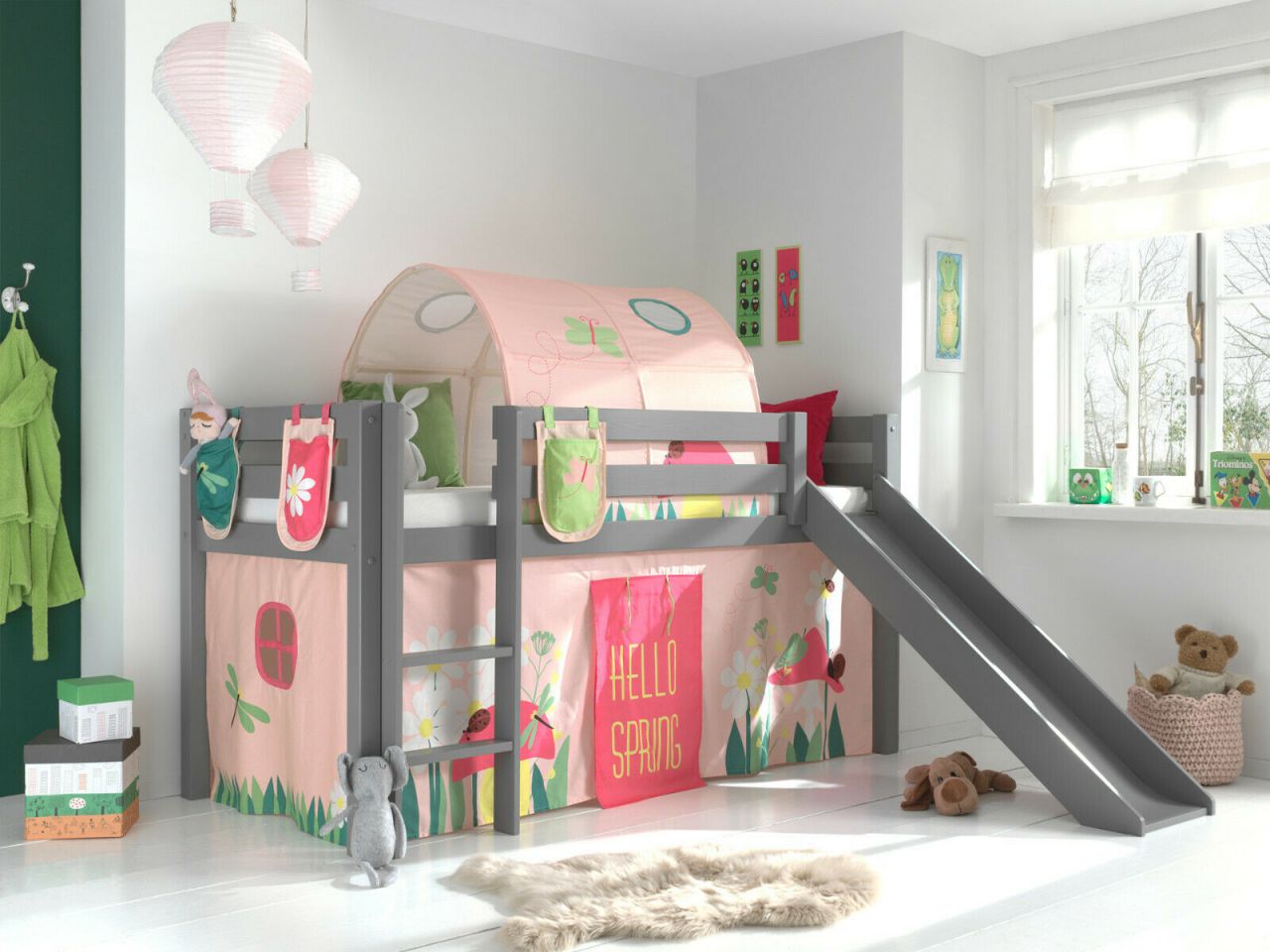 Vipack:Spielbett Pino mit Rutsche+Textilset+Taschen+Tunnel -Jugend/Kinderbett