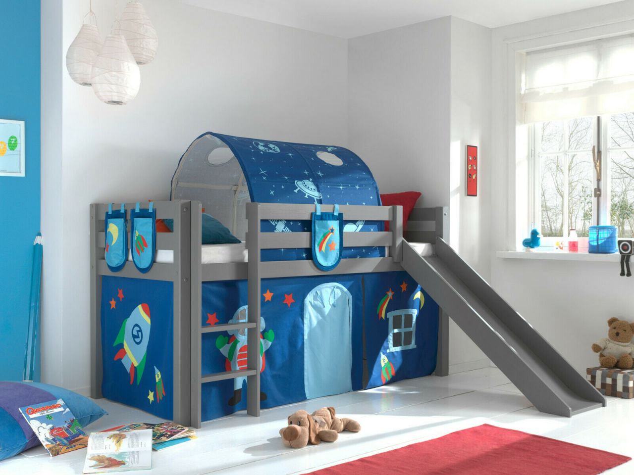 Vipack:Spielbett Pino mit Rutsche+Textilset+Taschen+Tunnel -Jugend/Kinderbett