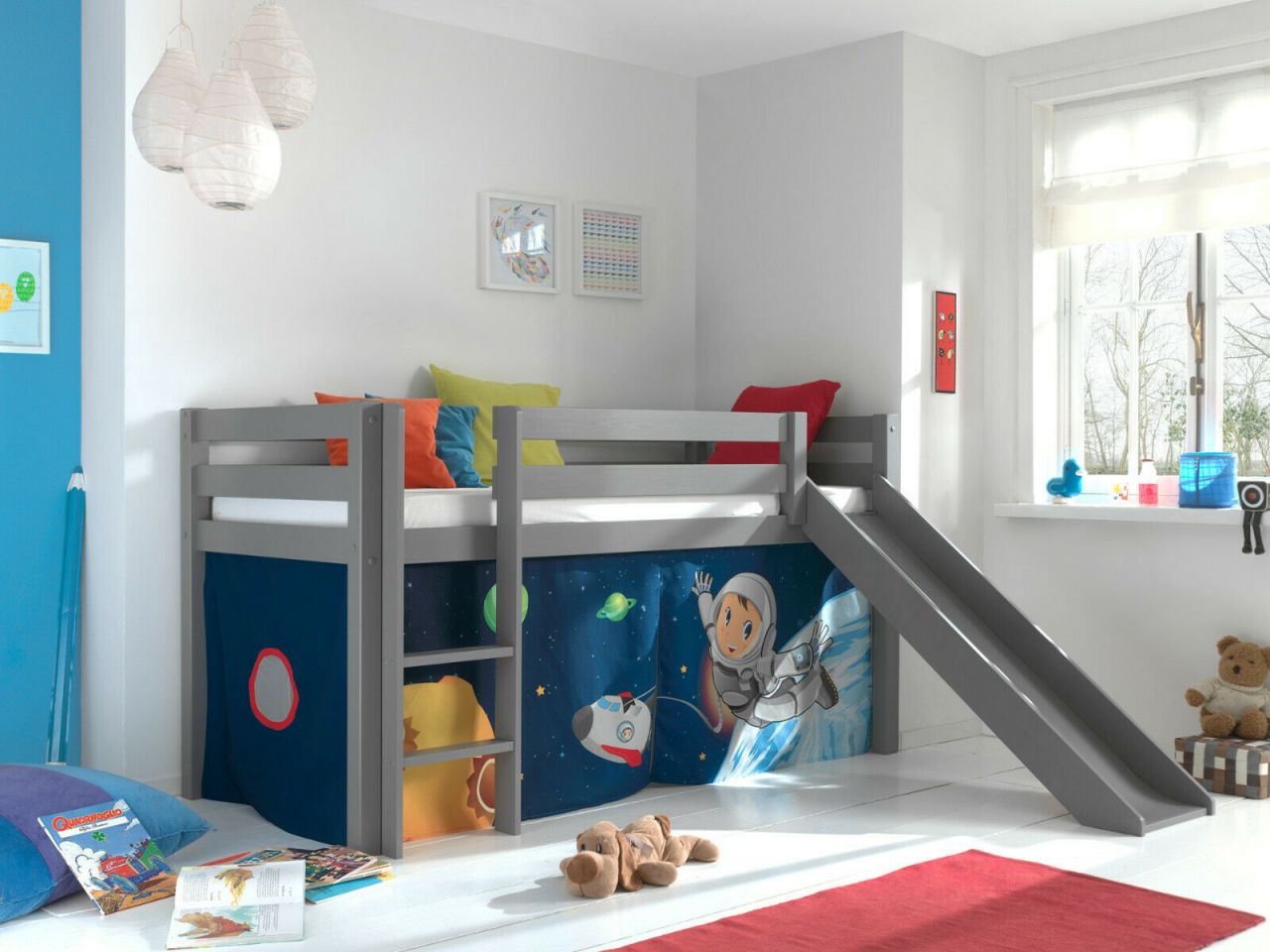 Vipack:Spielbett „Pino“ + Rutsche+Textilset- Jugend/Kinderbett Spaceman Hochbett