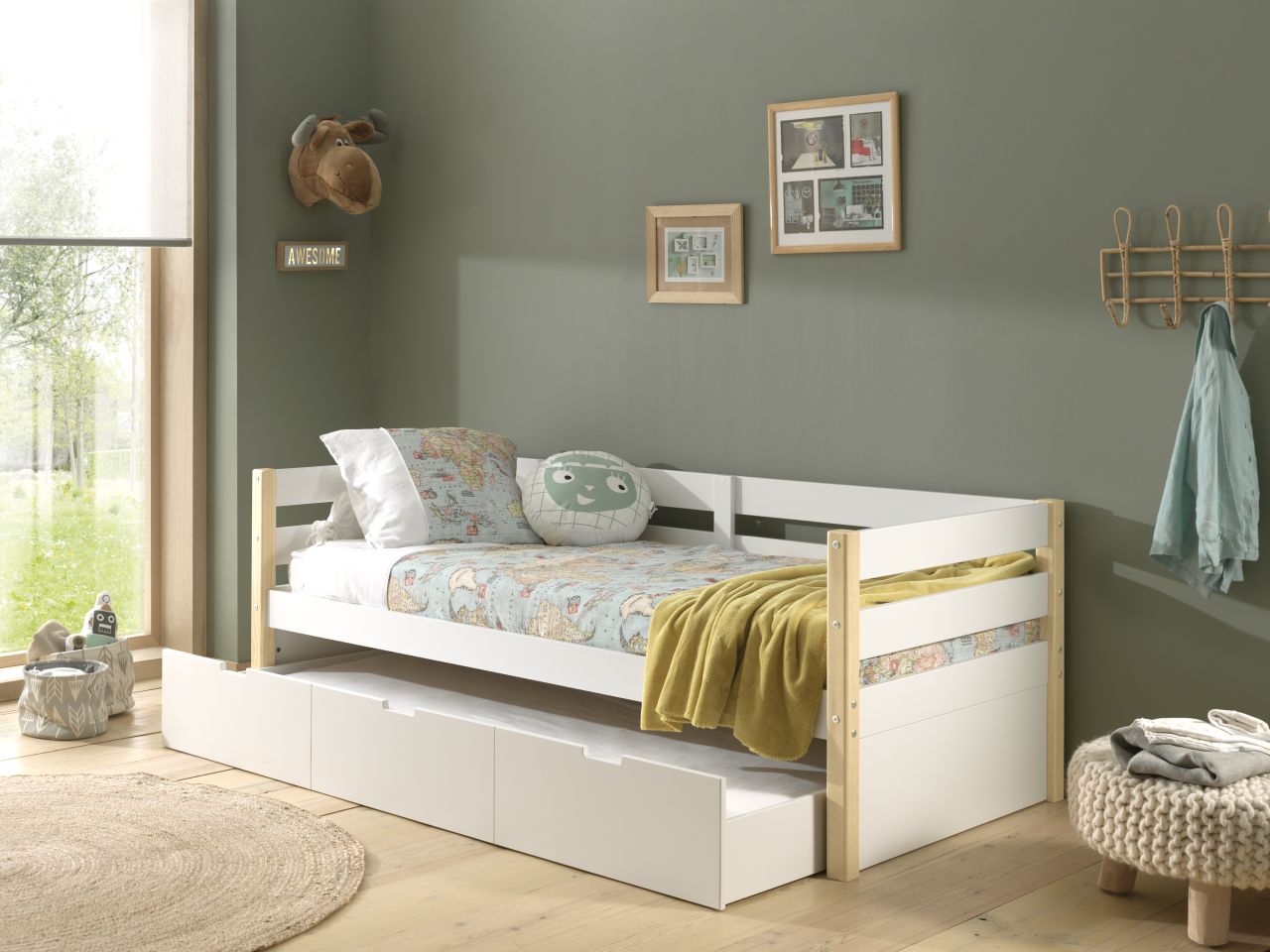 Kojenbett mit Bettschublade+Lattenrost-90×200 Kinderbett Einzelbett