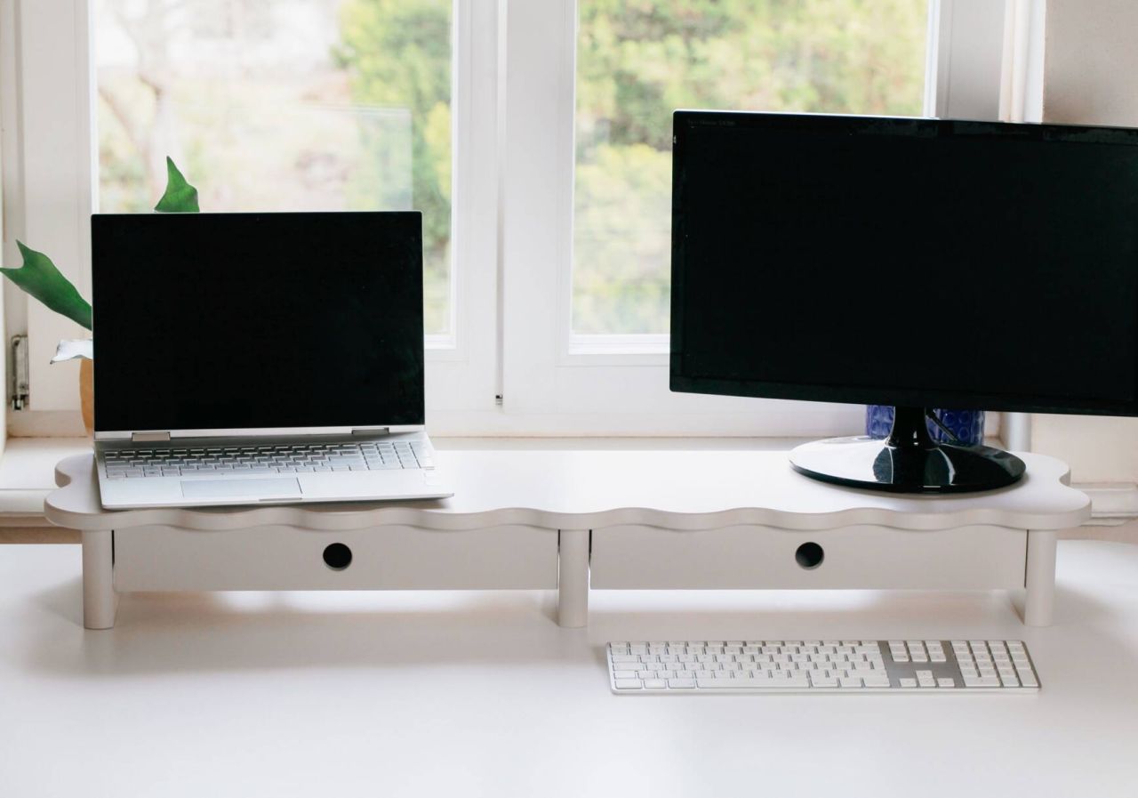 Monitorständer 101×24 – 2 Schubladen Monitorerhöhung Schreibtischregal PC-Regal