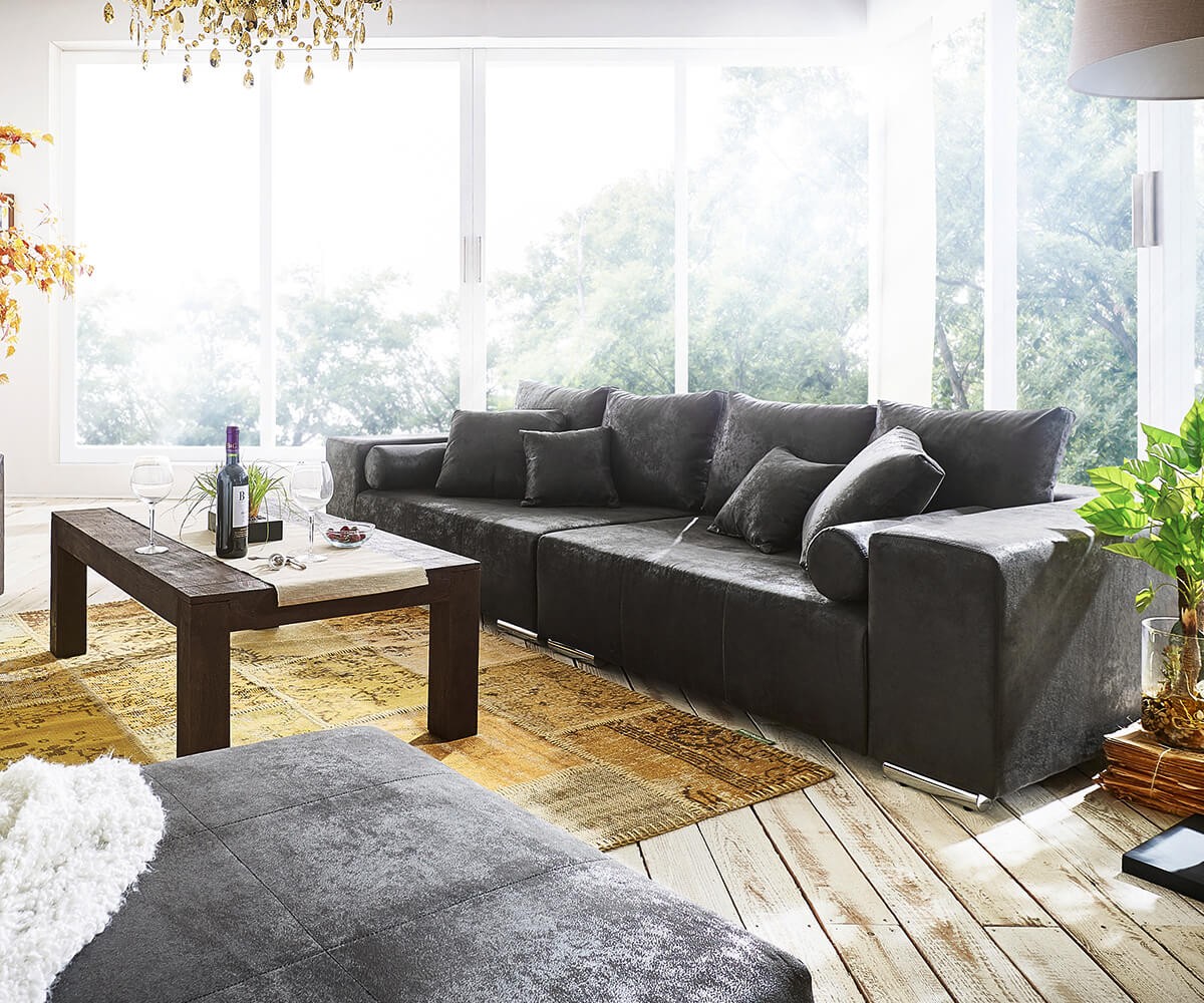 DELIFE Big-Sofa Marbeya 285×115 cm Anthrazit Antik Optik 10 Kissen, Big Sofas