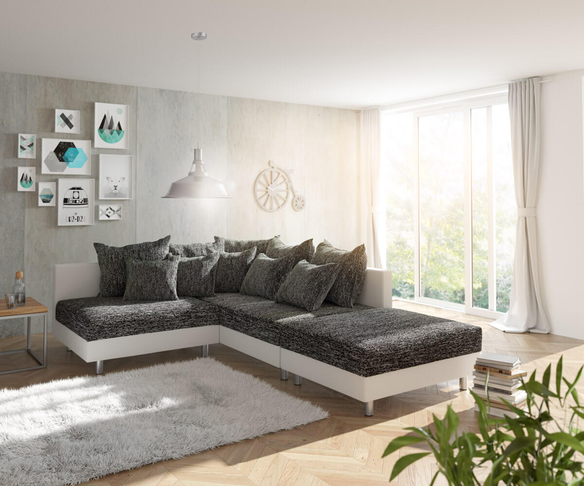 DELIFE Ecksofa Clovis Weiss Schwarz mit Hocker Ottomane Rechts modular, Design Ecksofas, Couch Loft, Modulsofa, modular