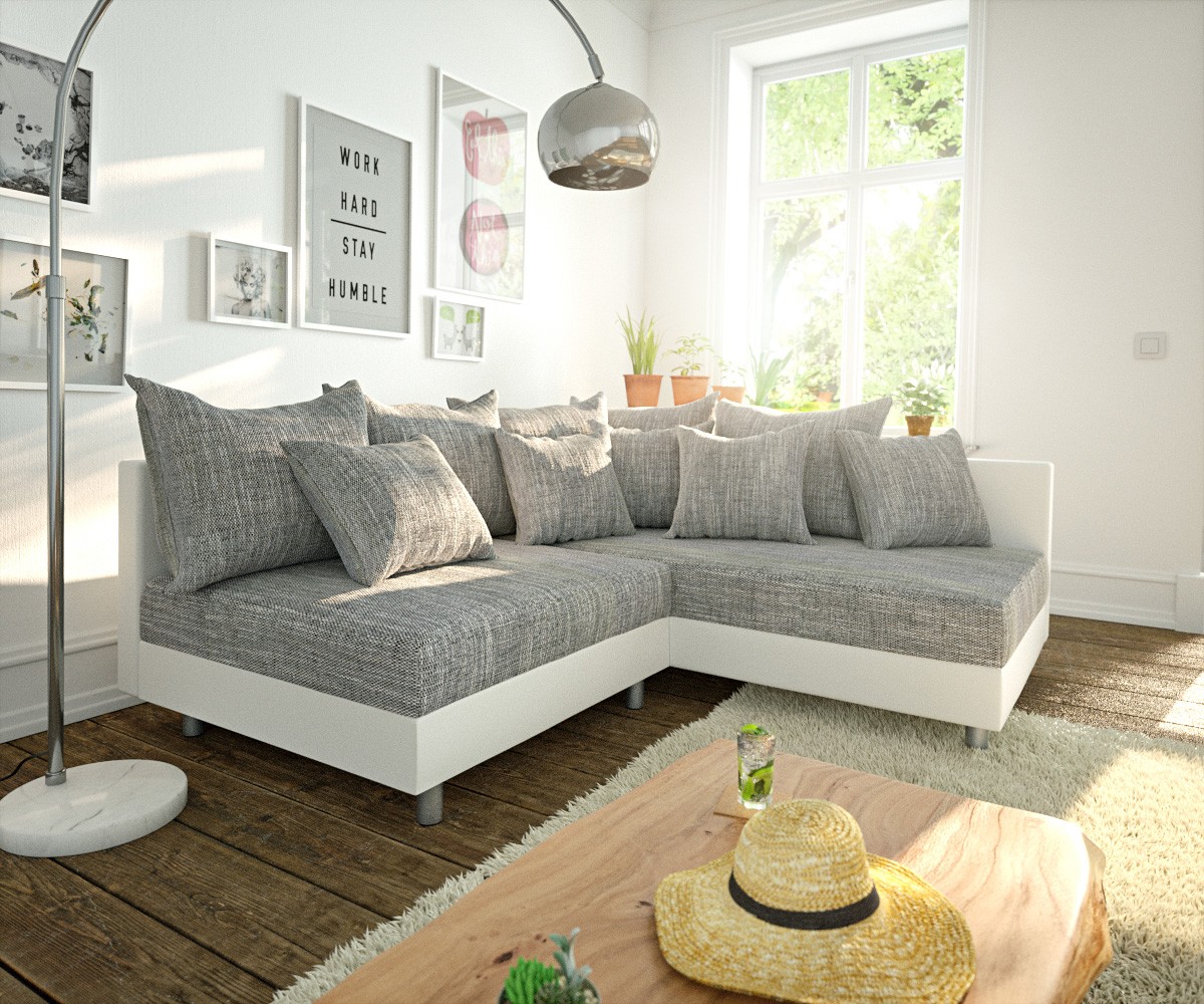 DELIFE Ecksofa Clovis Weiss Hellgrau Modulsofa Ottomane Rechts, Design Ecksofas, Couch Loft, Modulsofa, modular