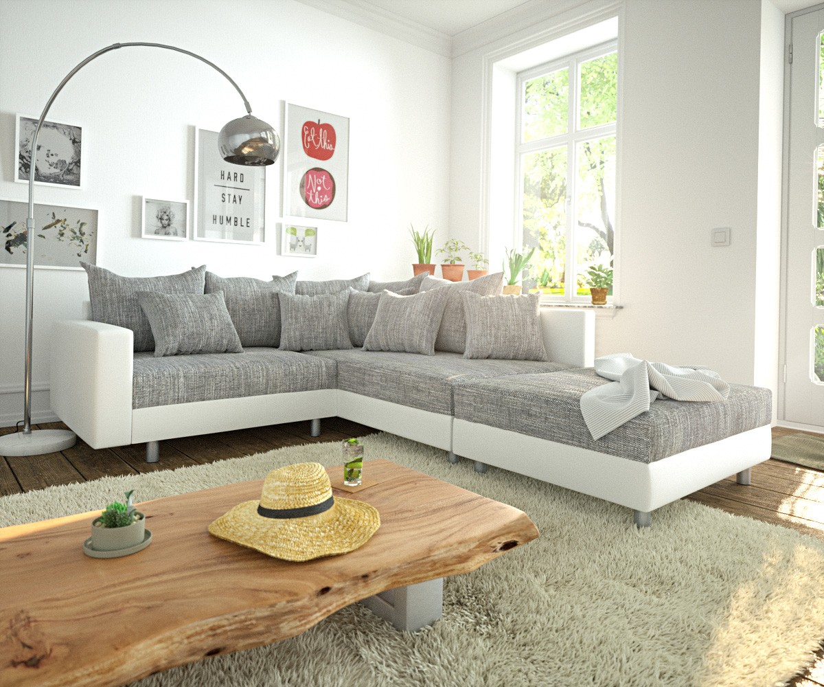 DELIFE Ecksofa Clovis Weiss Hellgrau modular Hocker Armlehne Ottomane Rechts, Design Ecksofas, Couch Loft, Modulsofa, modular