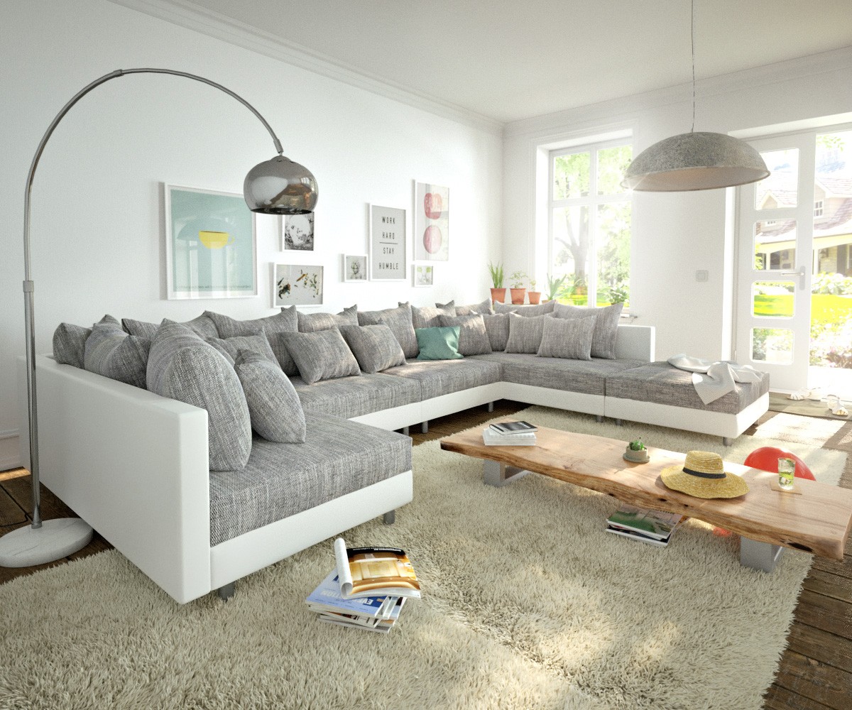 DELIFE Wohnlandschaft Clovis XL Weiss Hellgrau Modulsofa Hocker, Design Wohnlandschaften, Couch Loft, Modulsofa, modular