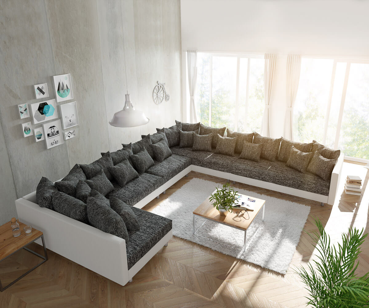 DELIFE Wohnlandschaft Clovis XXL Weiss Schwarz Ottomane Rechts, Design Wohnlandschaften, Couch Loft, Modulsofa, modular