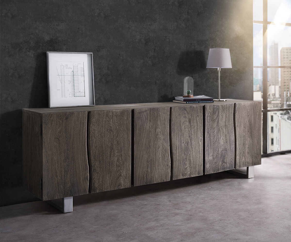 DELIFE Sideboard Live-Edge 220 cm Akazie Platin massiv 6 Türen, Sideboards, Baumkantenmöbel, Massivholzmöbel, Massivholz