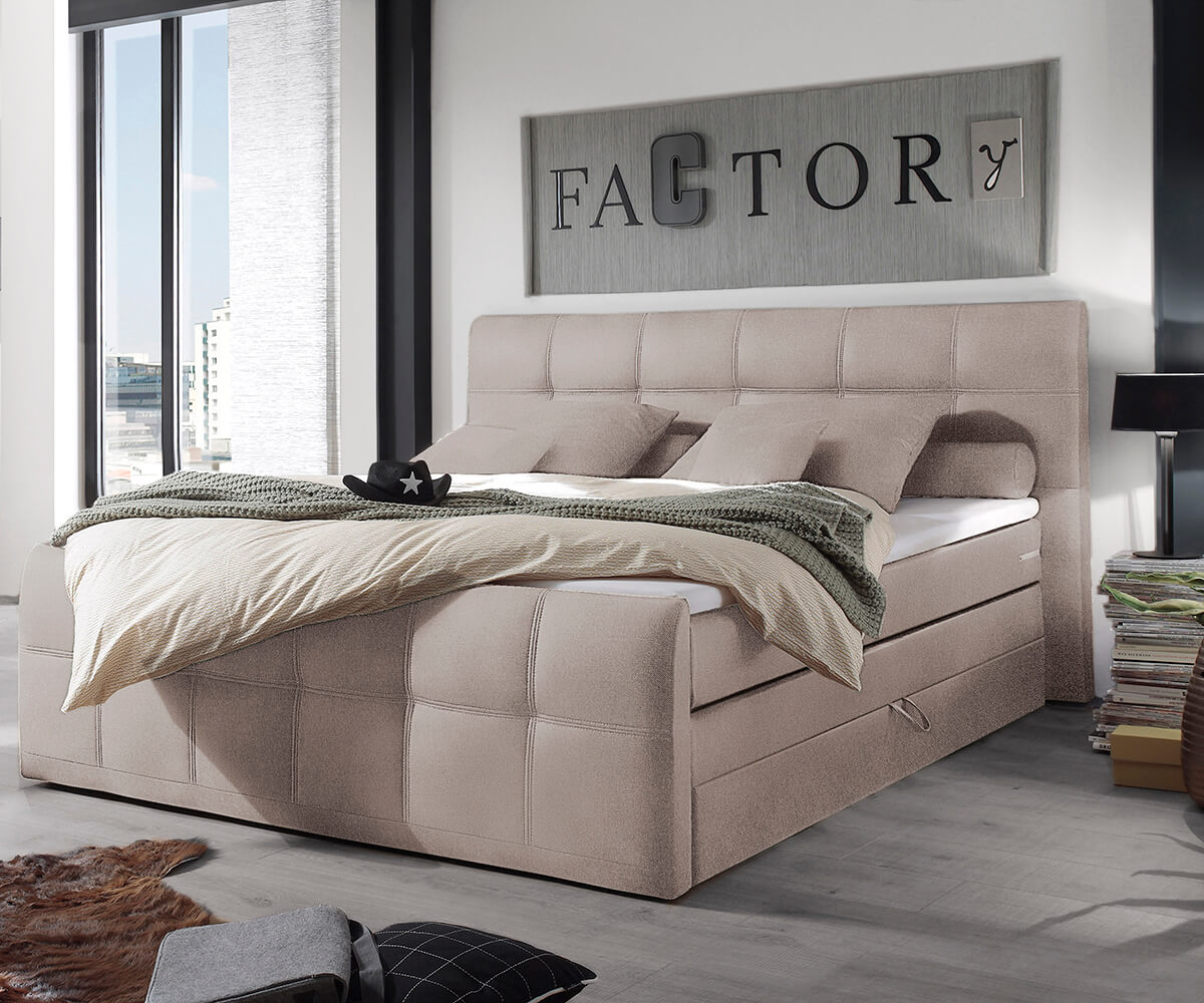 DELIFE Boxspringbett Sebastiano 180×200 cm Flachgewebe Beige Bettkasten, Boxspringbetten