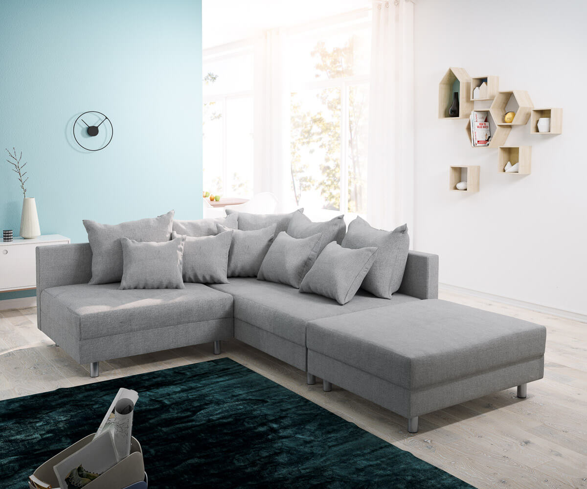 DELIFE Ecksofa Clovis Grau Flachgewebe Hocker Ottomane Rechts Modulsofa, Design Ecksofas, Couch Loft, Modulsofa, modular