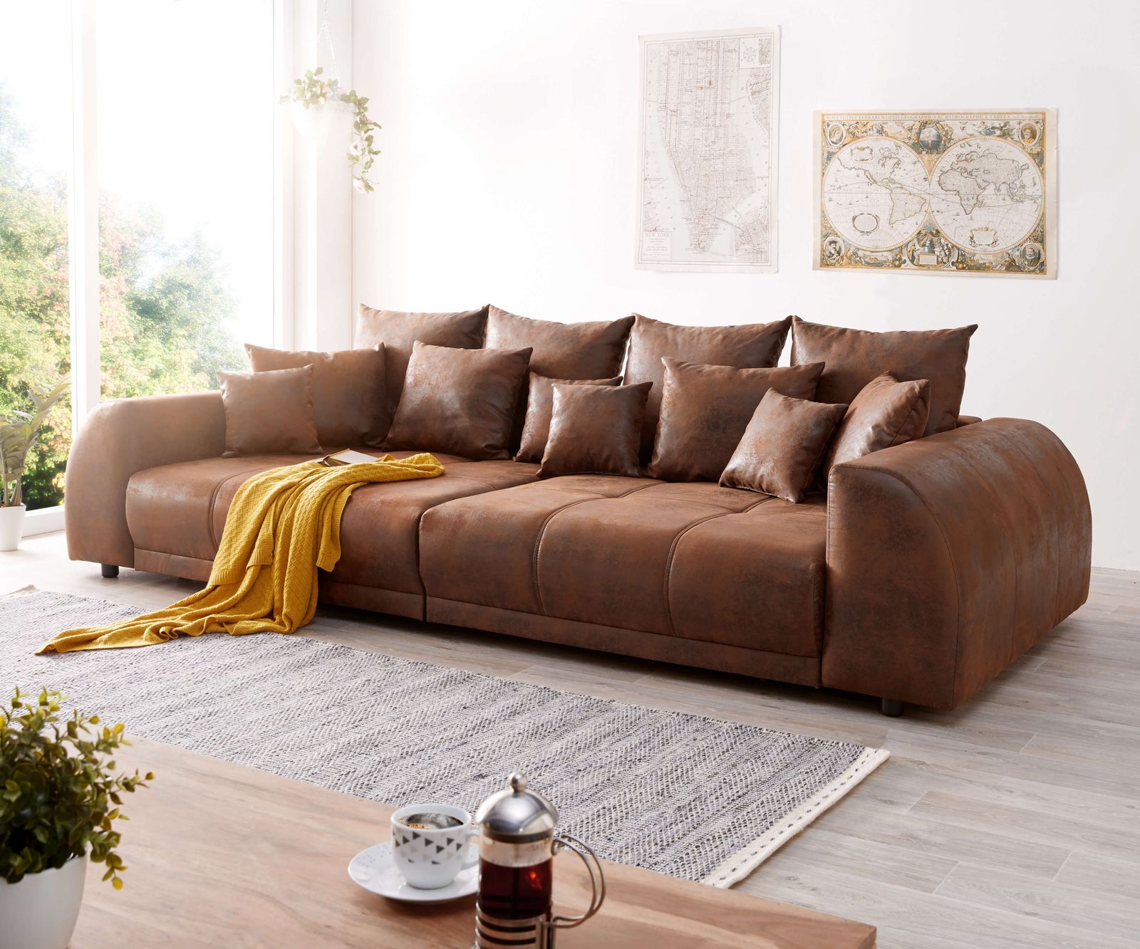 DELIFE Big-Sofa Violetta 310×135 cm Braun Antik Optik mit Kissen, Big Sofas