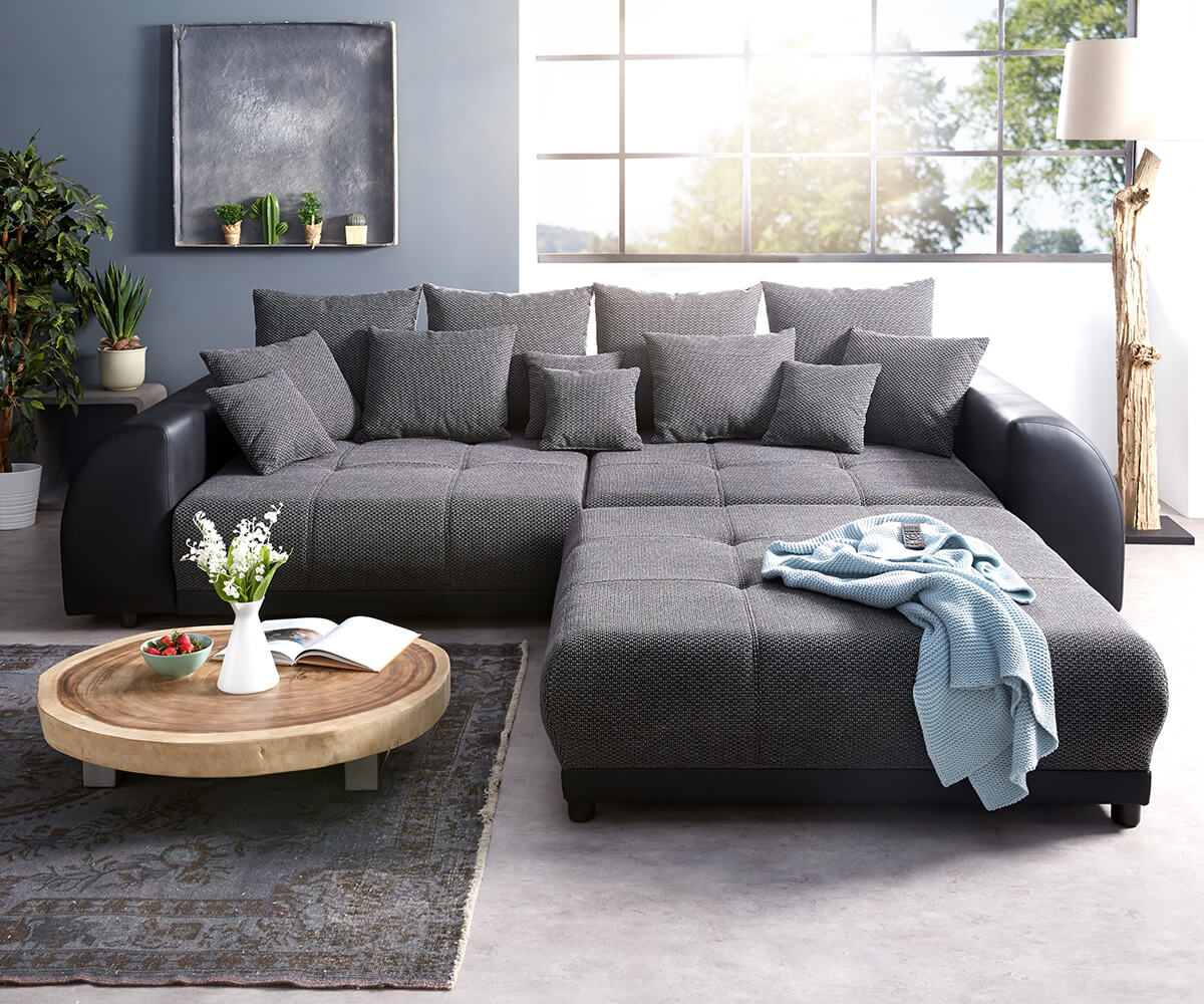 DELIFE Big-Sofa Violetta 310×135 cm Schwarz mit Hocker, Big Sofas