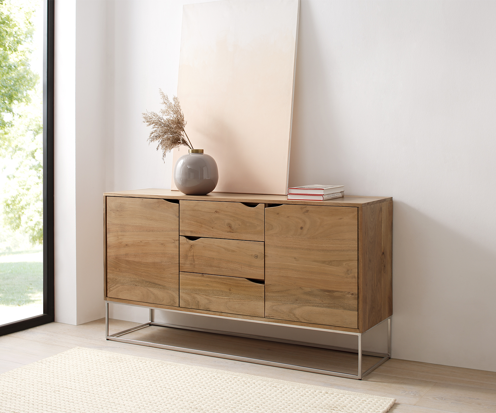 DELIFE Sideboard Loca 140×39 cm Akazie Natur 3 Schübe 2 Türen, Sideboards