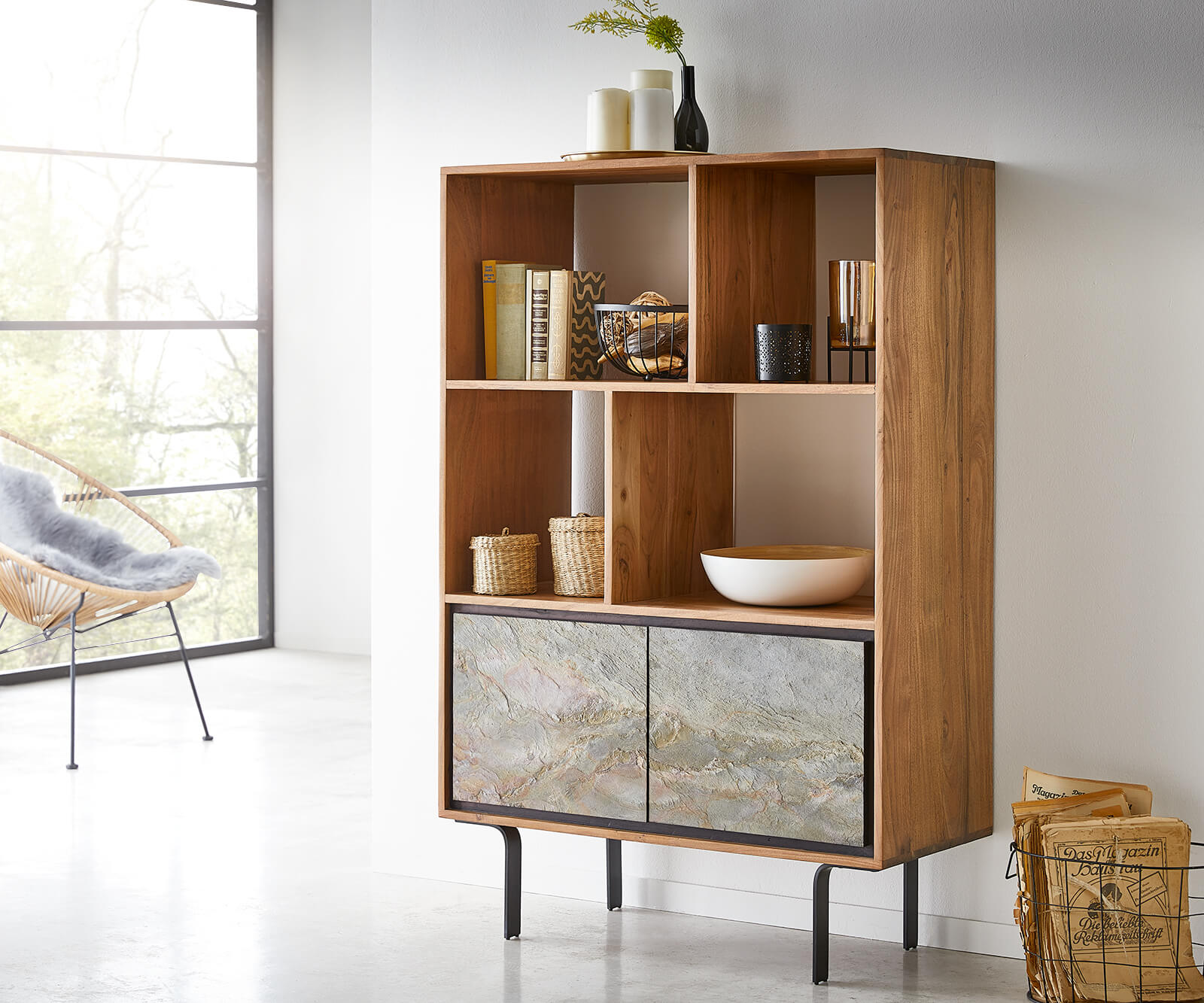 DELIFE Highboard Juwelo 88×135 cm Akazie Natur mit Steinfurnier, Highboards