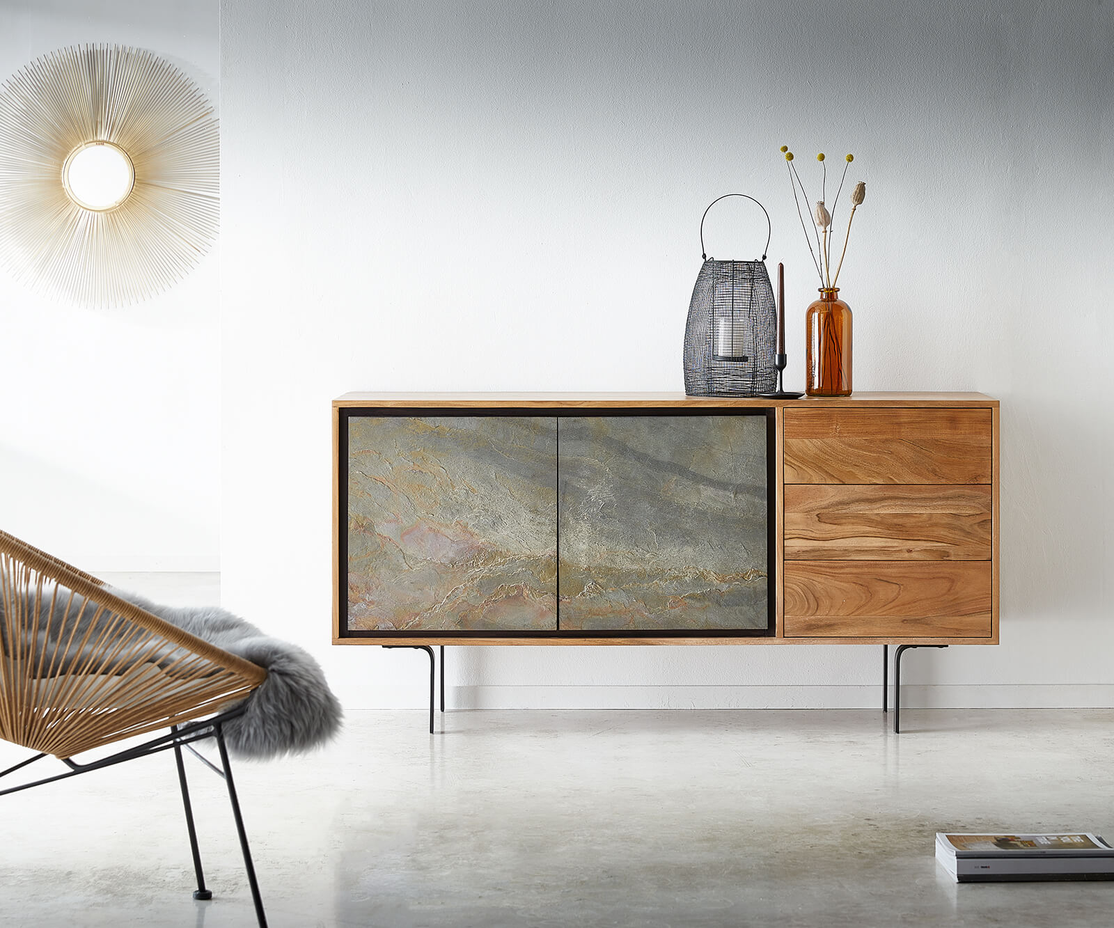 DELIFE Sideboard Juwelo 150 cm Akazie Natur mit Steinfurnier, Sideboards