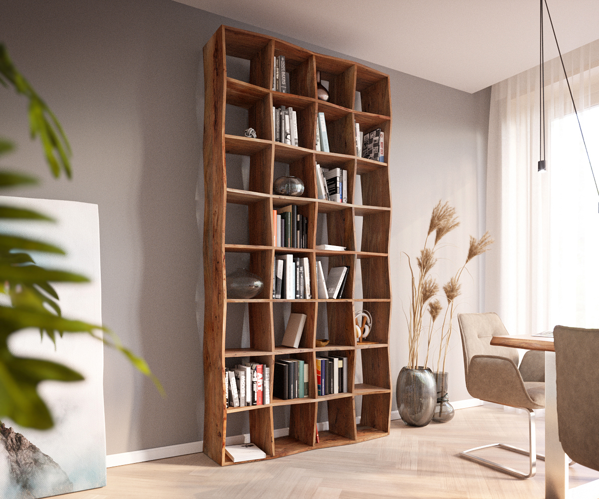 DELIFE Bücherregal Live-Edge 240×120 cm Akazie Natur Massivholz, Standregale, Baumkantenmöbel, Massivholzmöbel, Massivholz