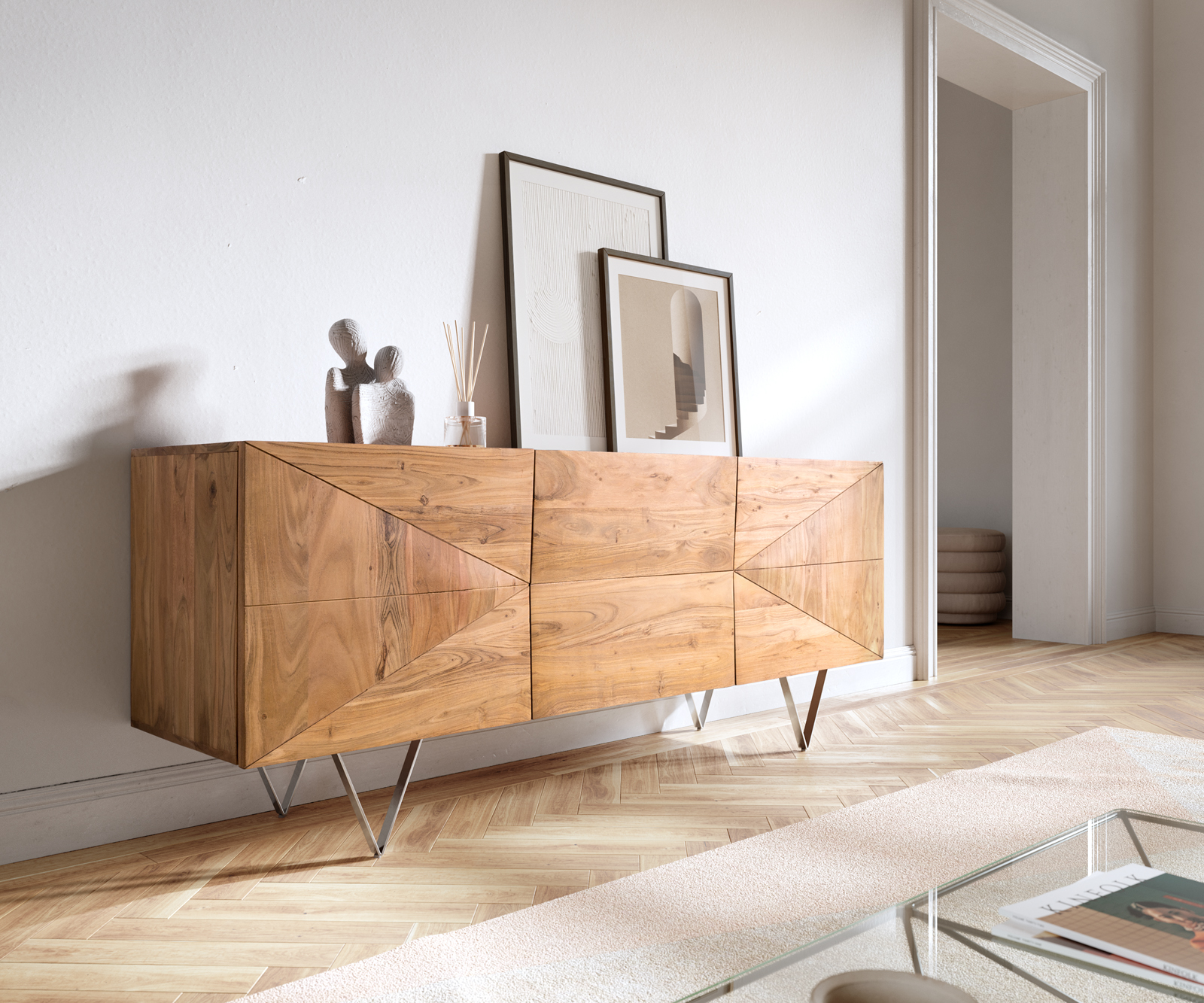 DELIFE Design-Sideboard Wyatt 175 cm 3D Optik mittig Akazie Natur Edelstahl, Sideboards