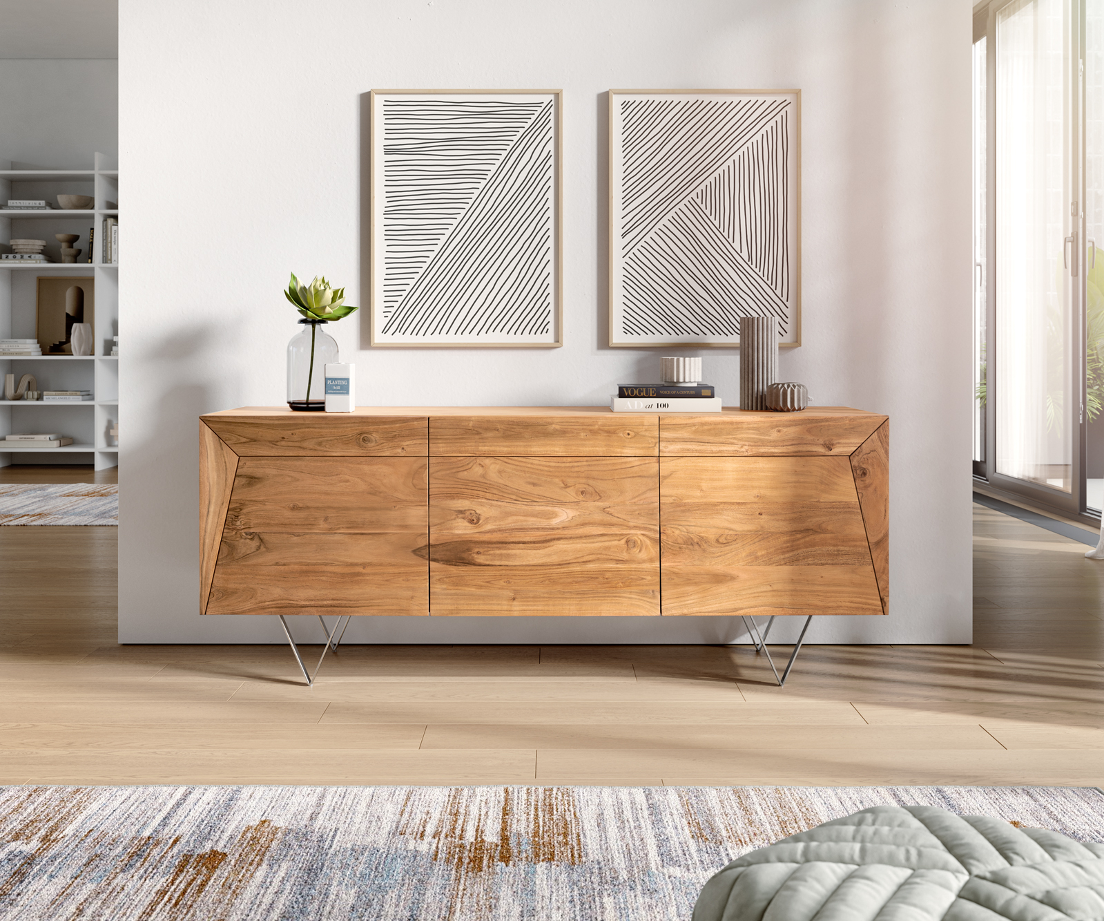 DELIFE Design-Sideboard Wyatt 175 cm Akazie Natur 3D Optik 3 Türen Edelstahl, Sideboards