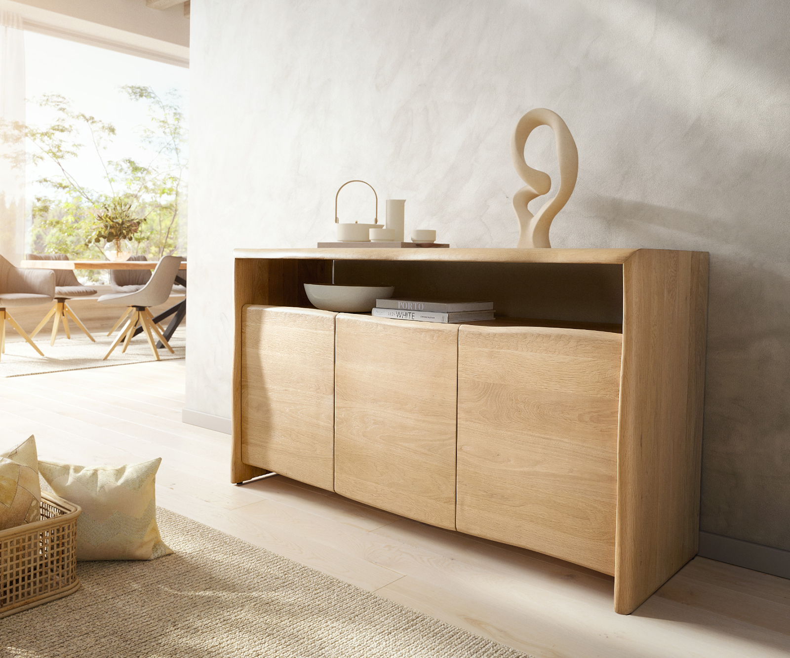 DELIFE Sideboard Live-Edge 145 cm Eiche Natur 3 Türen Massiv, Sideboards, Baumkantenmöbel, Massivholzmöbel, Massivholz