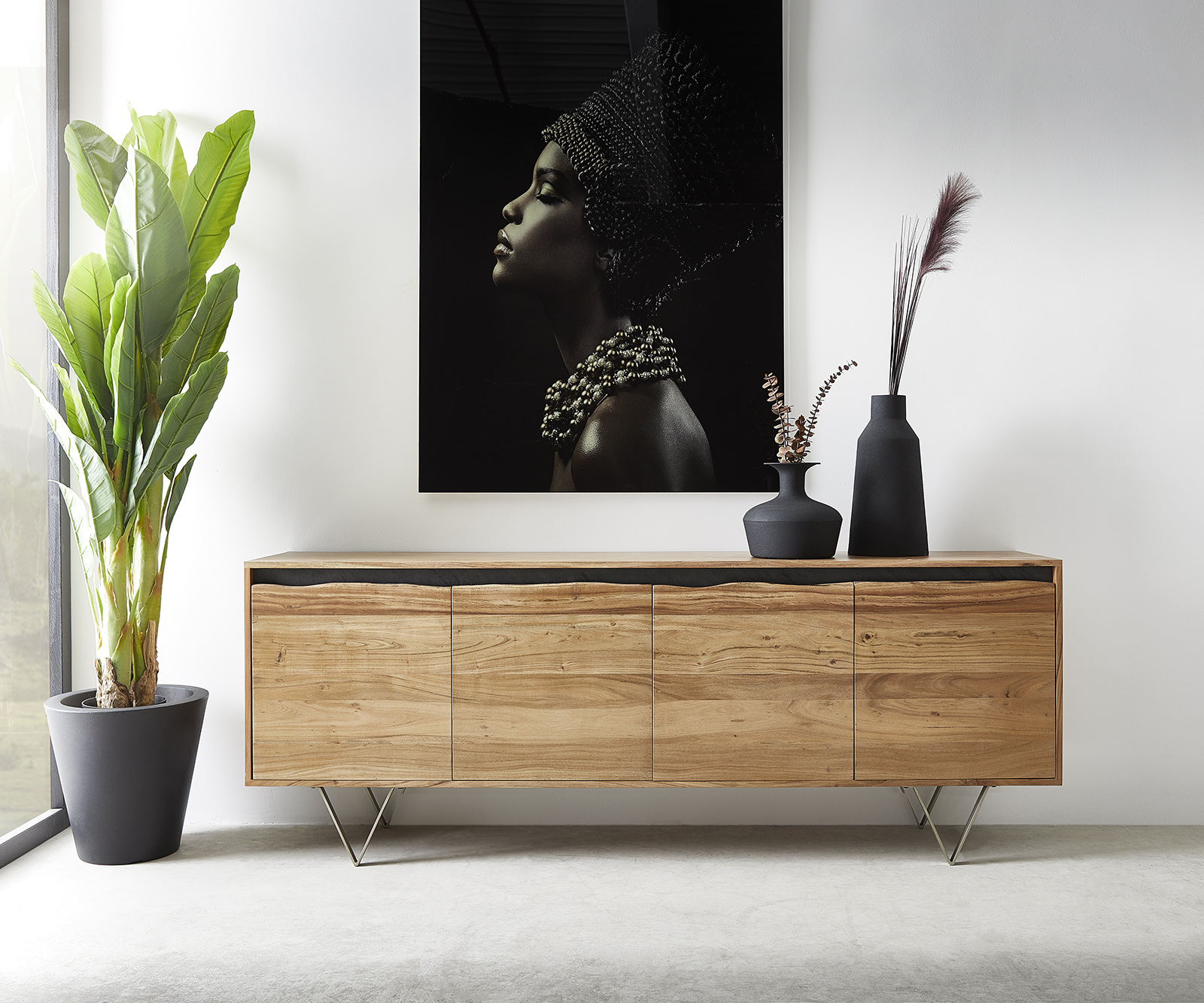 DELIFE Sideboard Stonegrace 200×45 cm Akazie Natur 4 Türen Baumkante, Sideboards