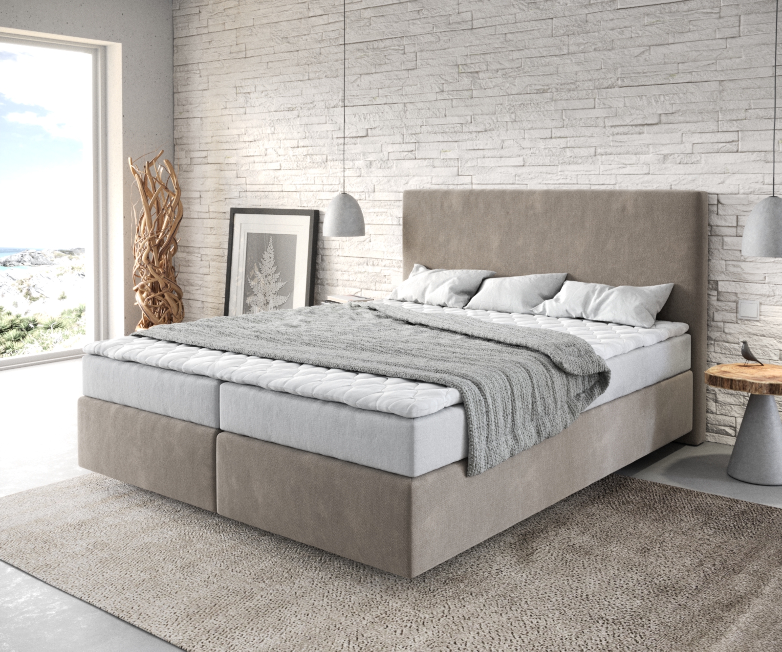 DELIFE Boxspringbett Dream-Well 160×200 cm Mikrofaser Beige mit Matratze und Topper, Boxspringbetten