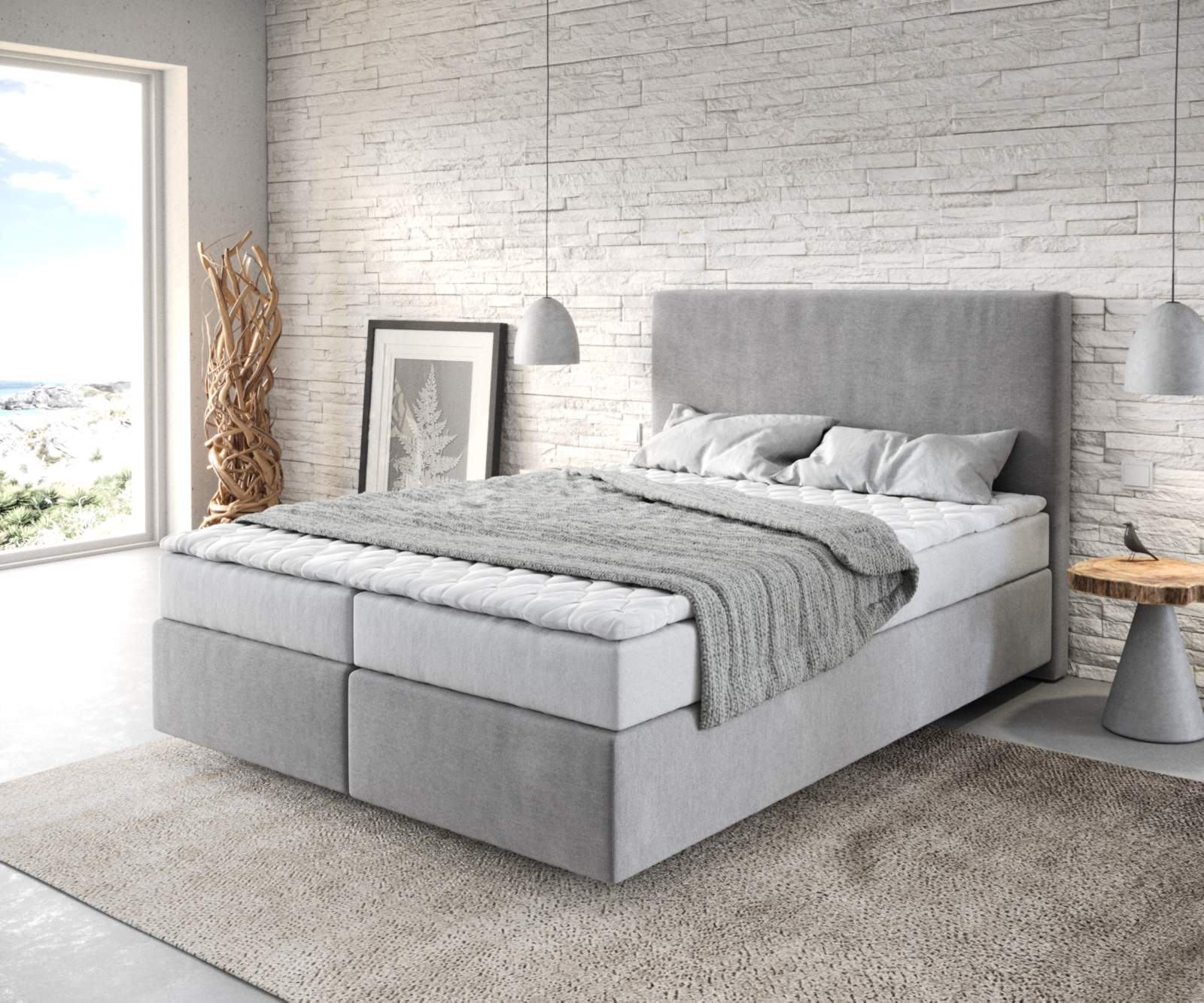 DELIFE Boxspringbett Dream-Well 140×200 cm Mikrofaser Grau mit Matratze und Topper, Boxspringbetten