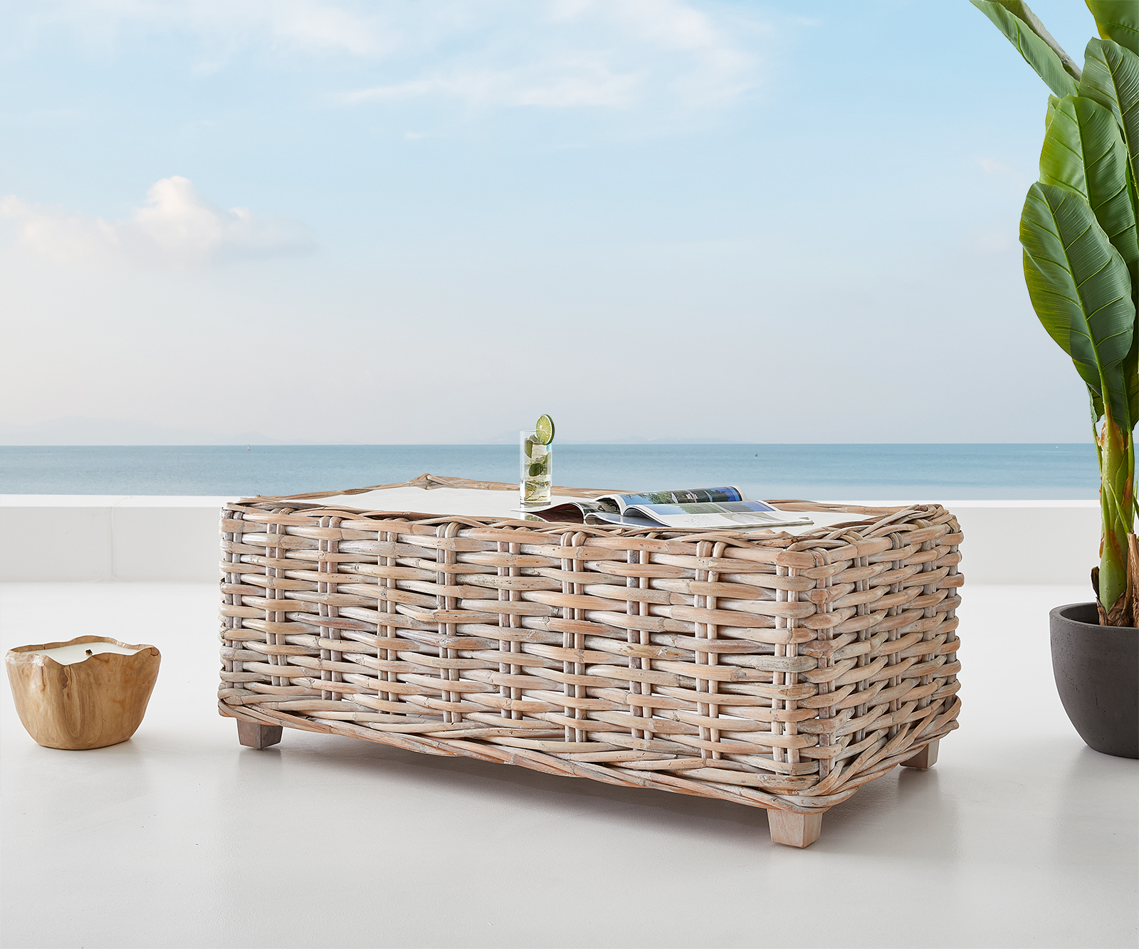 DELIFE Loungetisch Nizza 133×73 cm Rattan white washed Glasplatte, Loungemöbel