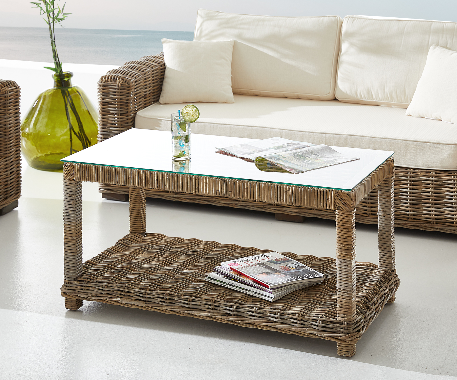 DELIFE Loungetisch Nizza 100×50 cm Rattan grau Glasplatte, Loungemöbel