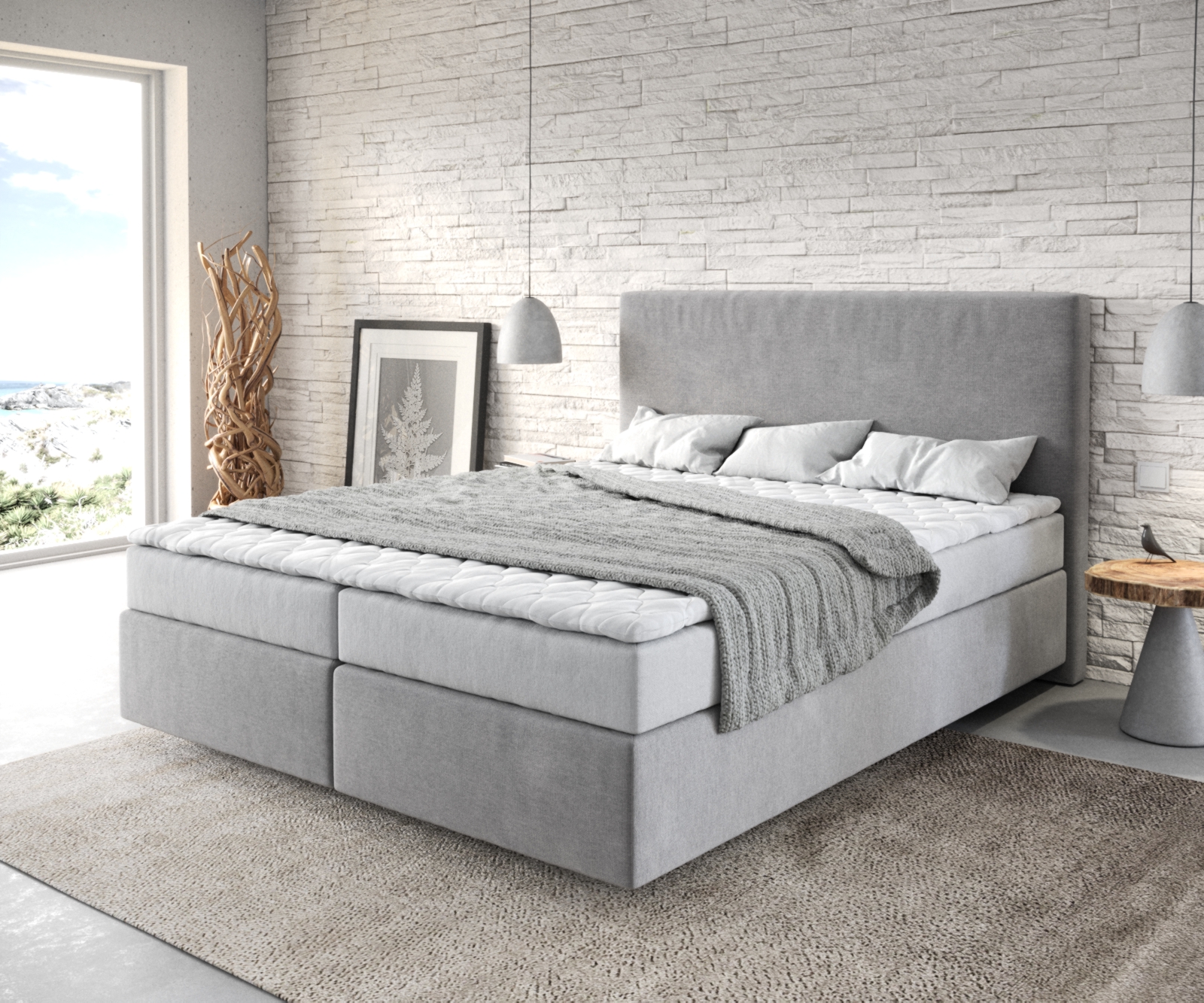 DELIFE Boxspringbett Dream-Well 160×200 cm Mikrofaser Grau mit Matratze und Topper, Boxspringbetten