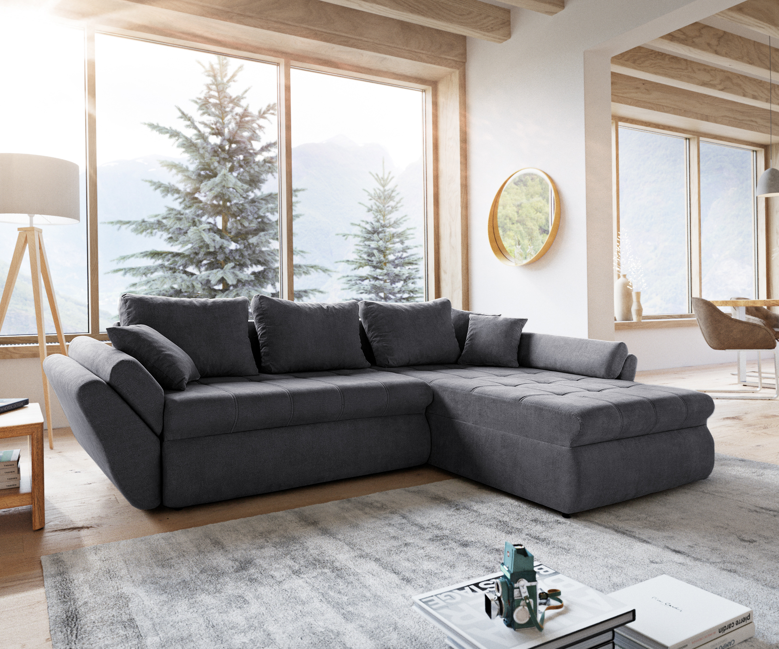 DELIFE Ecksofa Loana 275×185 Graphite Schlaffunktion Ottomane variabel, Ecksofas