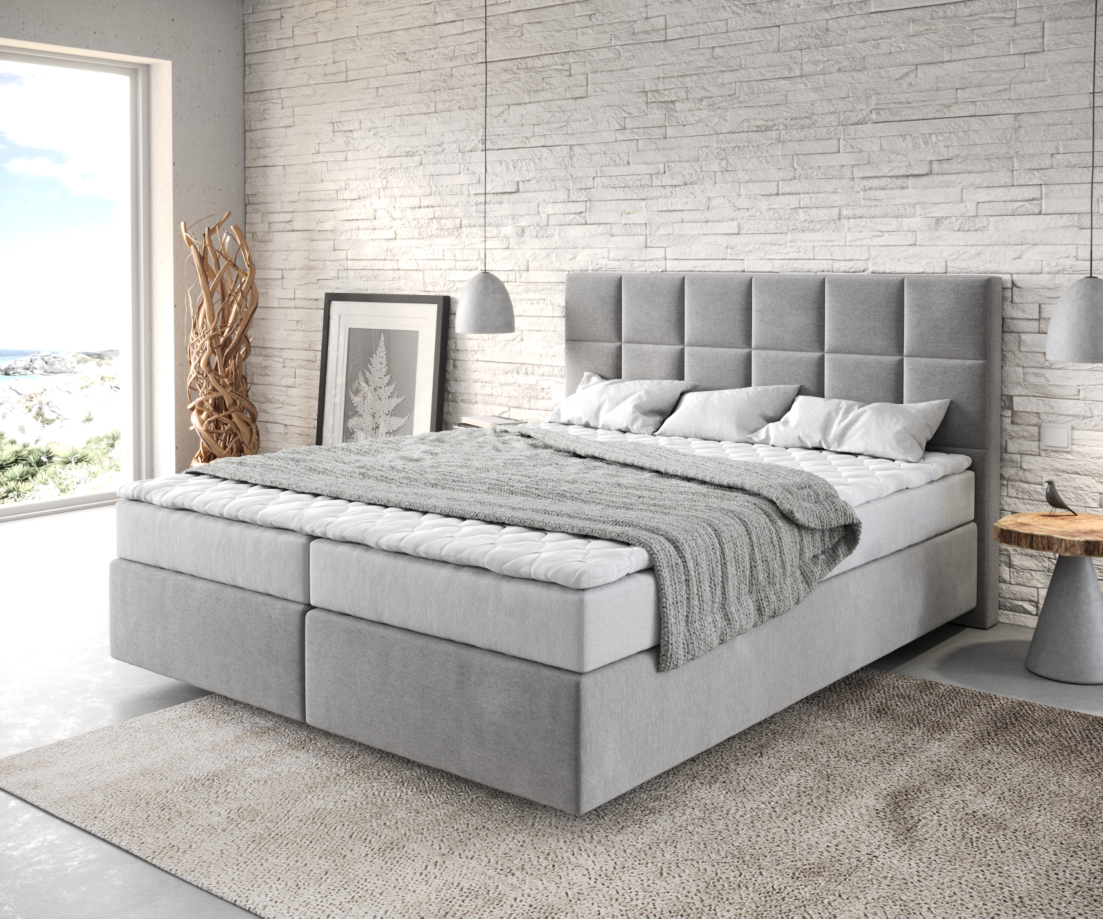 DELIFE Boxspringbett Dream-Fine 160×200 cm Mikrofaser Grau mit Matratze und Topper, Boxspringbetten