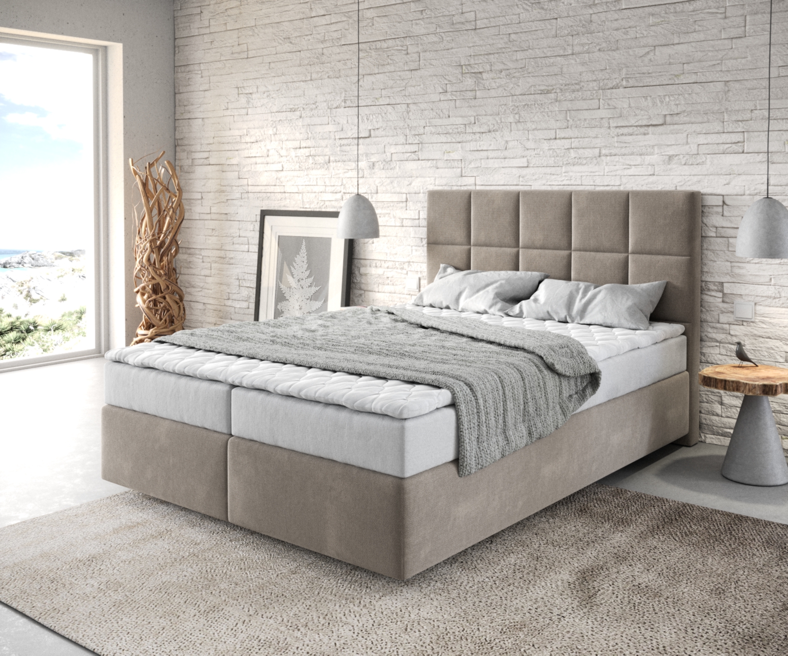 DELIFE Boxspringbett Dream-Fine 140×200 cm Mikrofaser Beige mit Matratze und Topper, Boxspringbetten