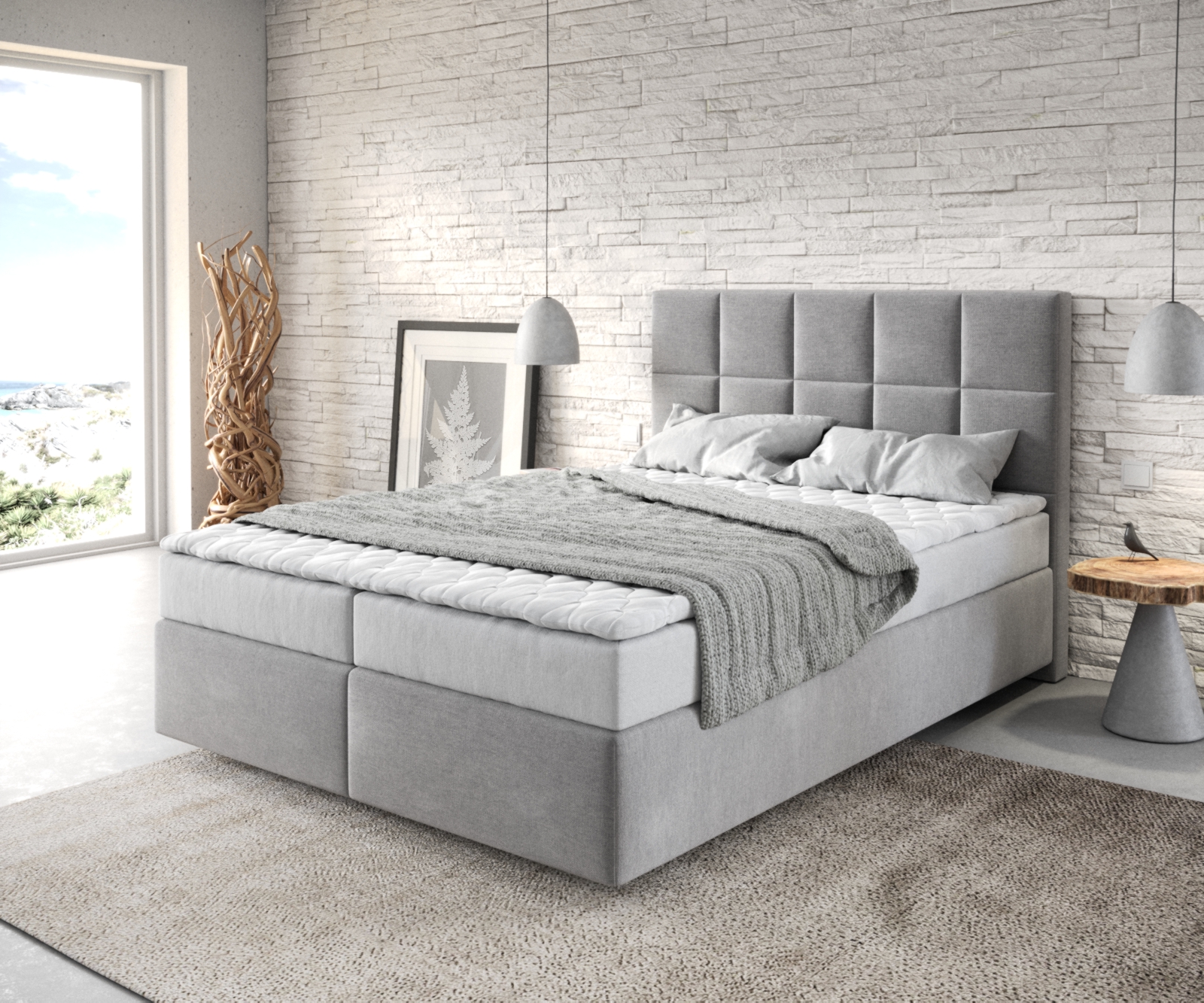 DELIFE Boxspringbett Dream-Fine 140×200 cm Mikrofaser Grau mit Matratze und Topper, Boxspringbetten