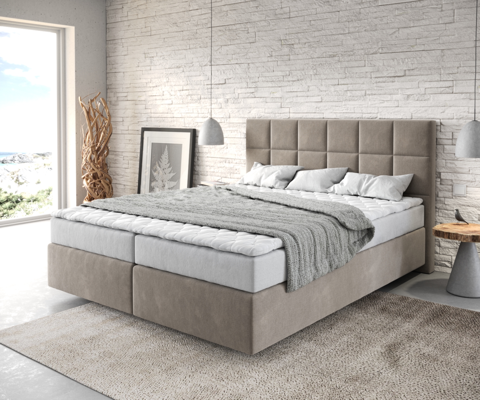 DELIFE Boxspringbett Dream-Fine 160×200 cm Mikrofaser Beige mit Matratze und Topper, Boxspringbetten