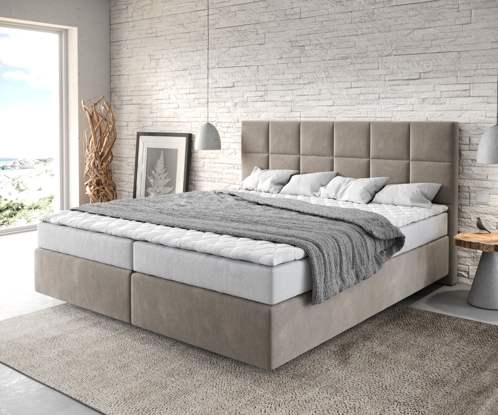 DELIFE Boxspringbett Dream-Fine 180×200 cm Mikrofaser Beige mit Matratze und Topper, Boxspringbetten