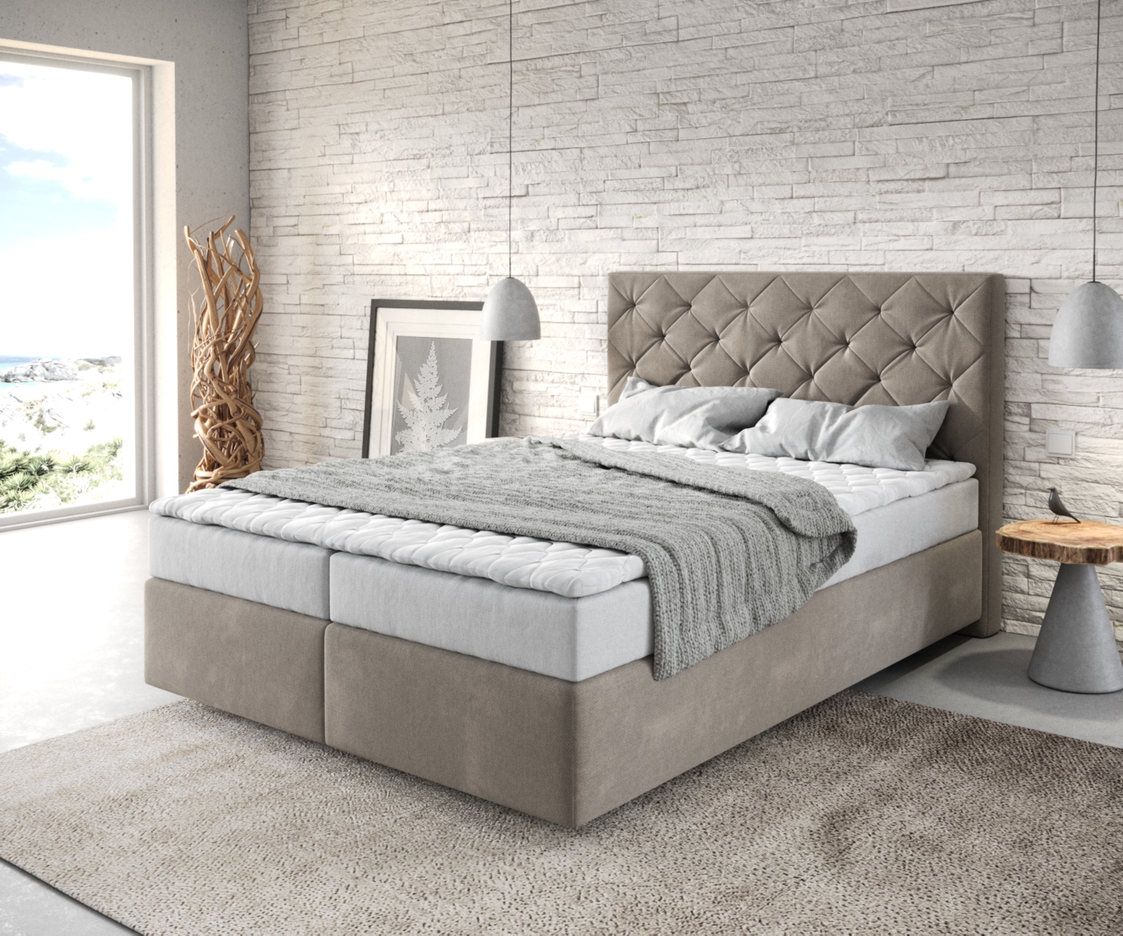 DELIFE Boxspringbett Dream-Great 140×200 cm Mikrofaser Beige mit Matratze und Topper, Boxspringbetten