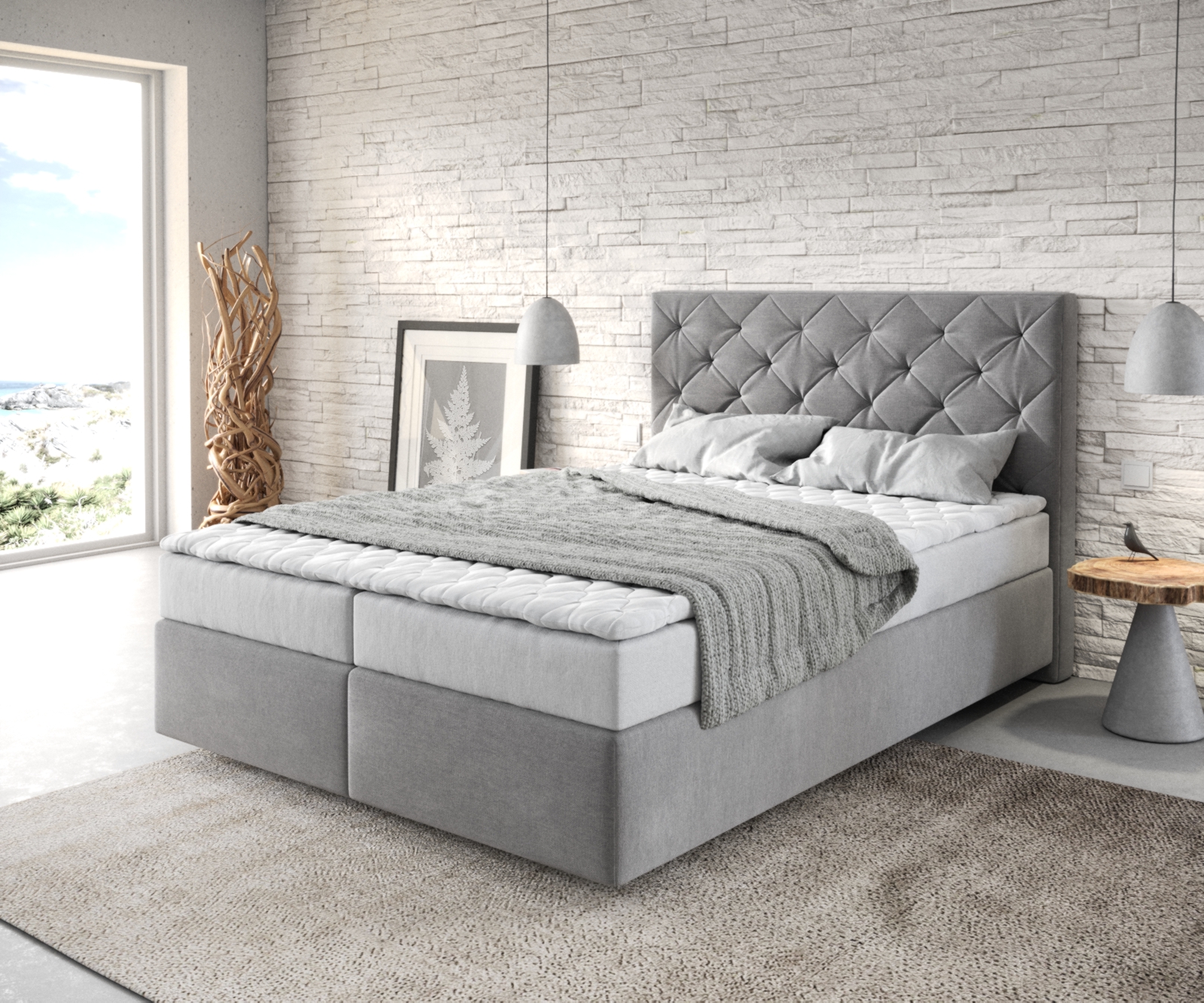 DELIFE Boxspringbett Dream-Great 140×200 cm Mikrofaser Grau mit Matratze und Topper, Boxspringbetten