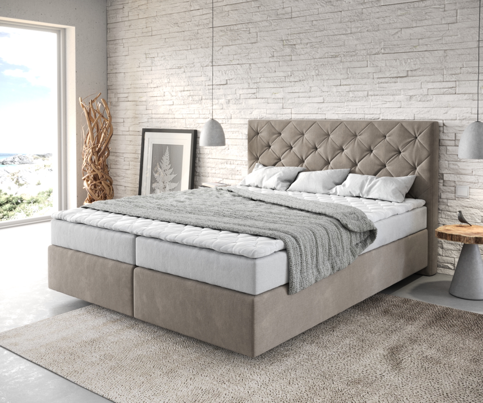 DELIFE Boxspringbett Dream-Great 160×200 cm Mikrofaser Beige mit Matratze und Topper, Boxspringbetten