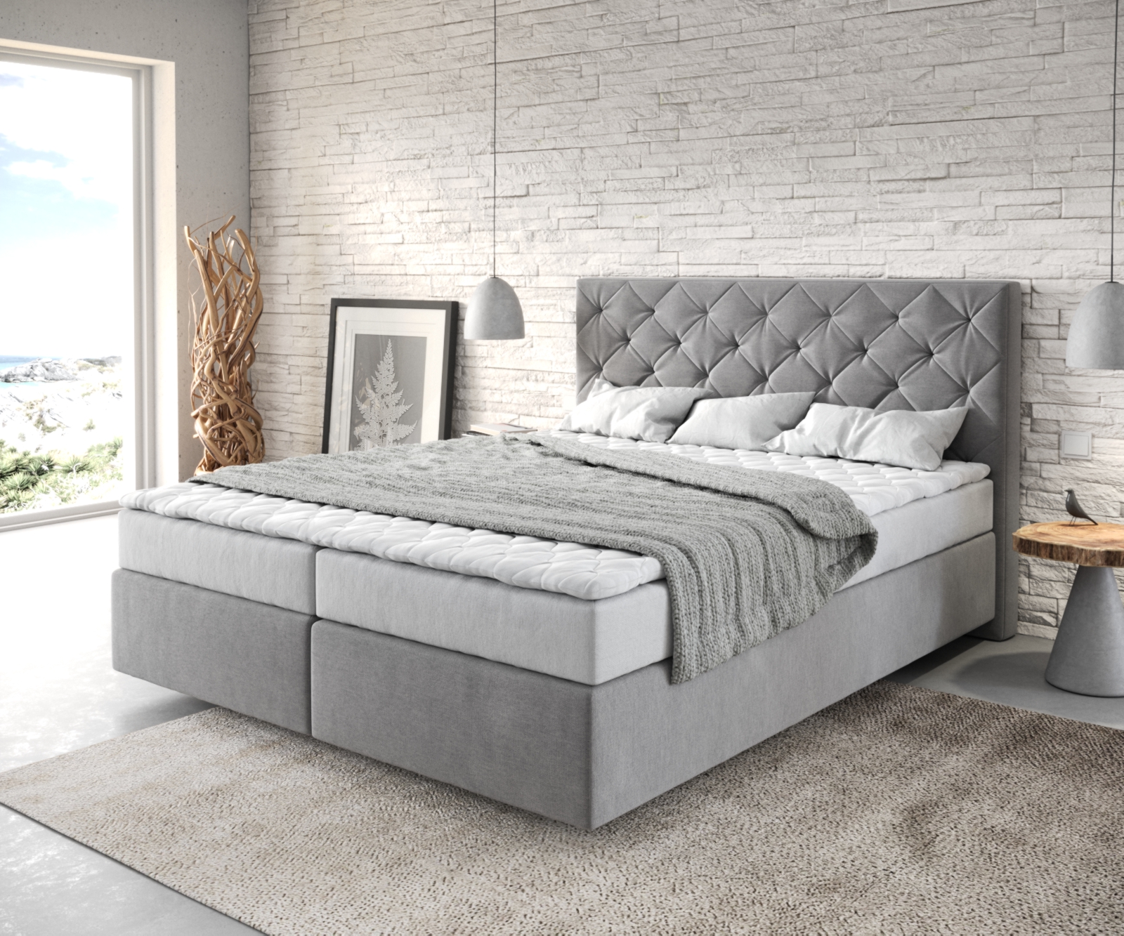 DELIFE Boxspringbett Dream-Great 160×200 cm Mikrofaser Grau mit Matratze und Topper, Boxspringbetten