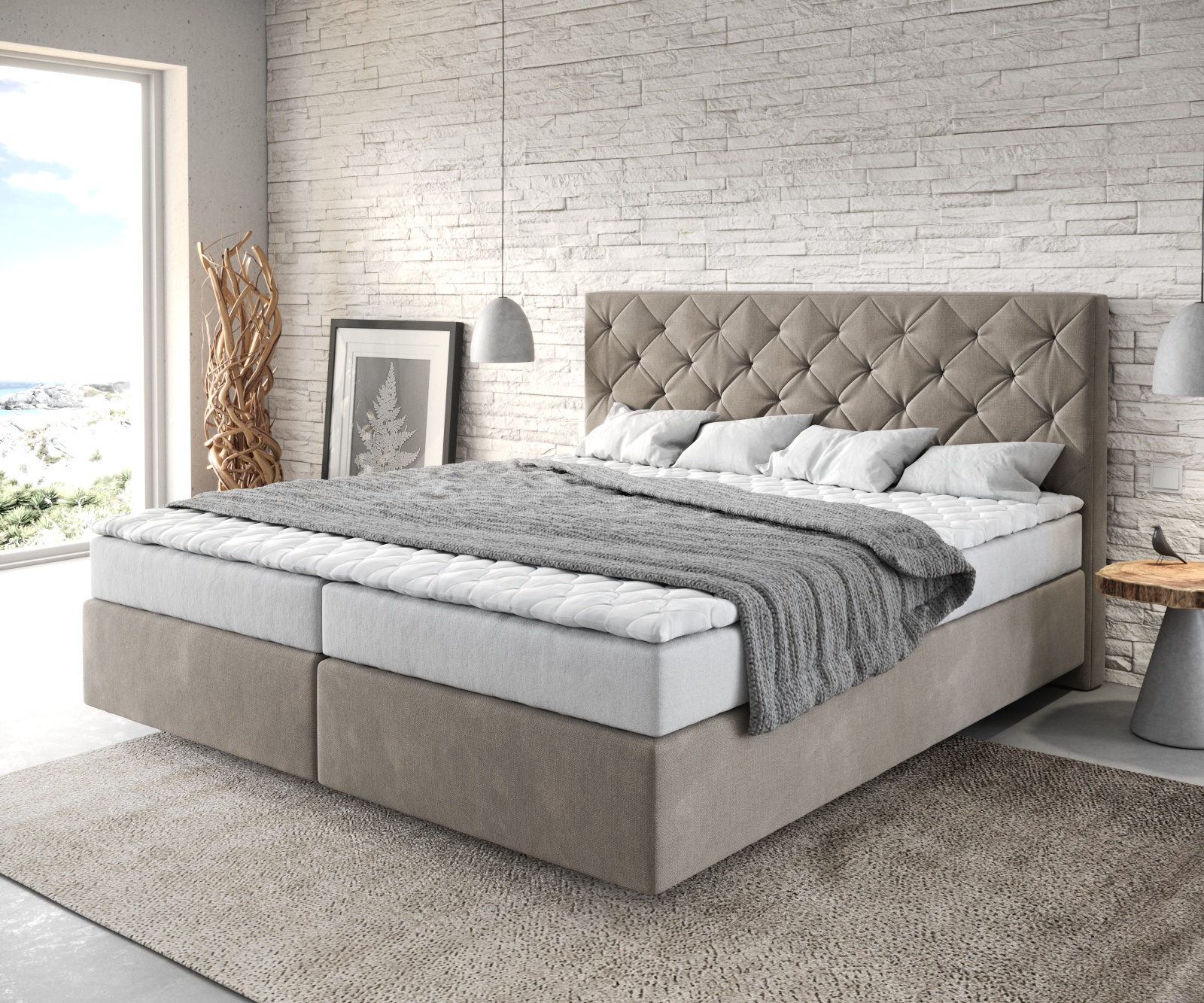 DELIFE Boxspringbett Dream-Great 180×200 cm Mikrofaser Beige mit Matratze und Topper, Boxspringbetten